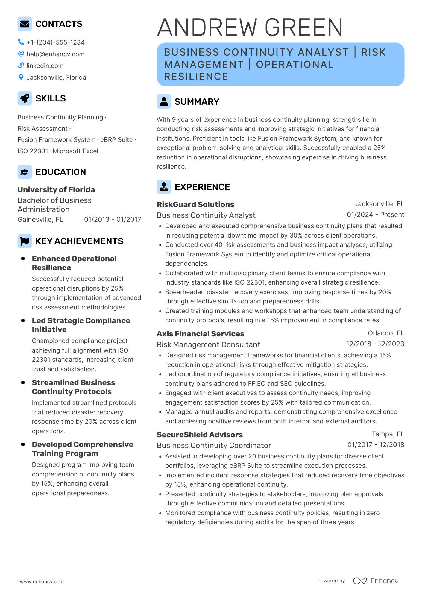 A resume example of a Business Continuity Analyst