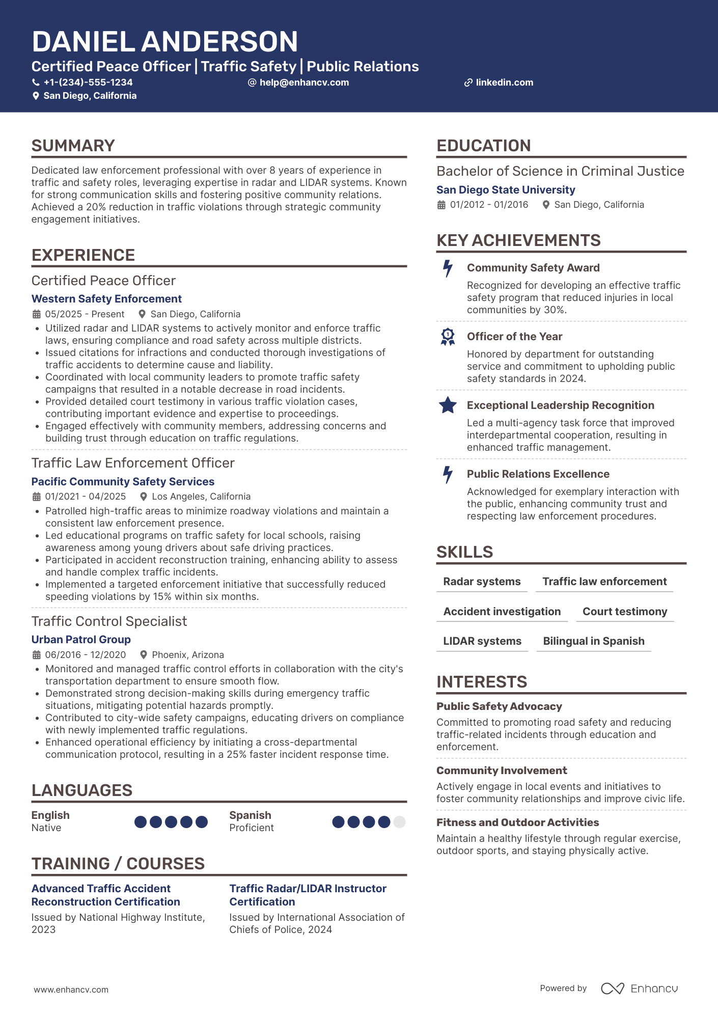 A resume example of a Traffic Enforcement Police Officer