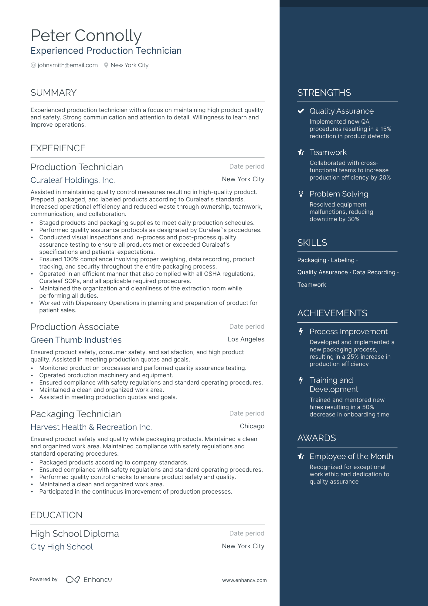 A resume example of a Production Technician