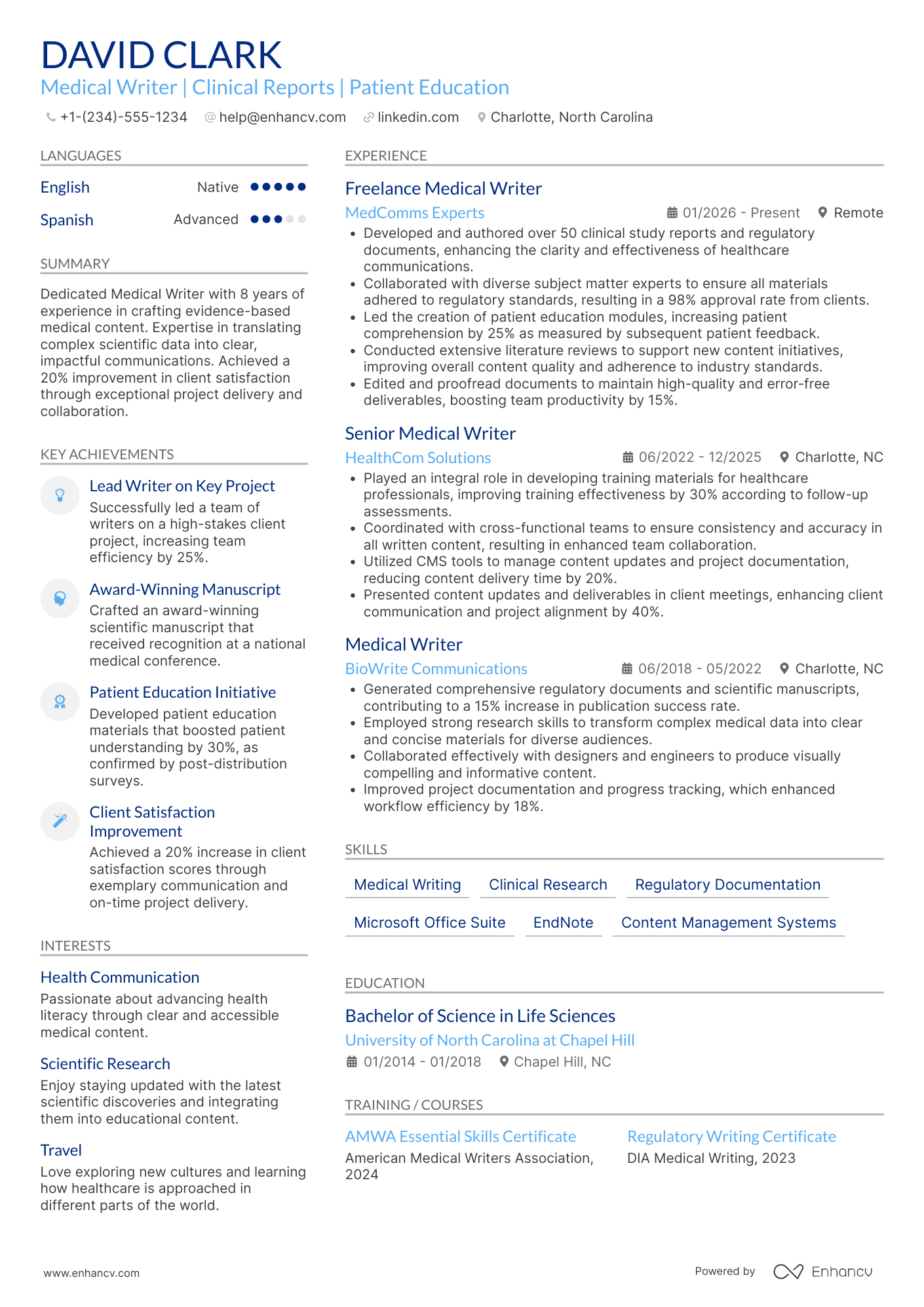 A resume example of a Freelance Medical Writer