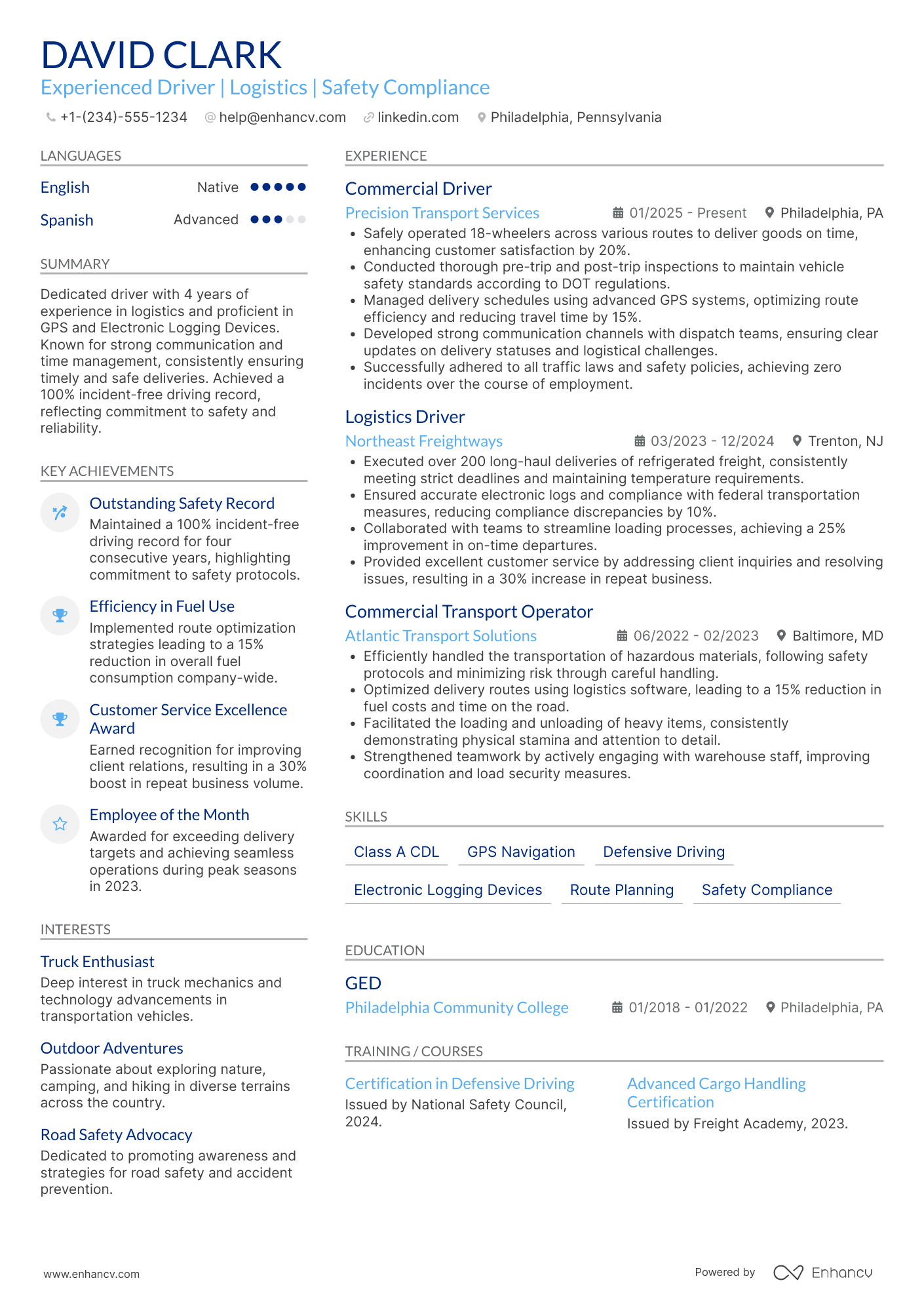 A resume example of a Experienced Driver