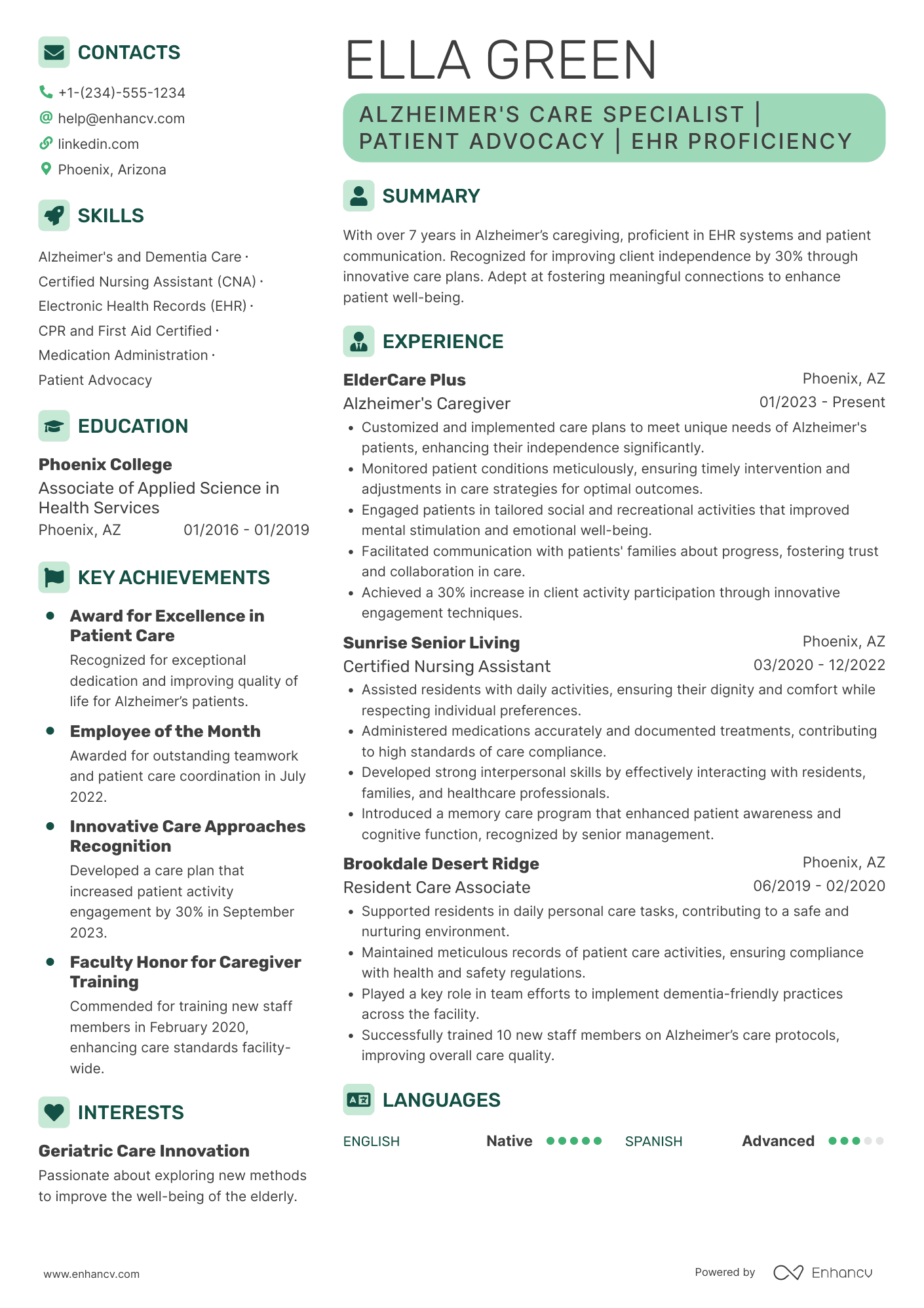 A resume example of a Alzheimer���S Caregiver