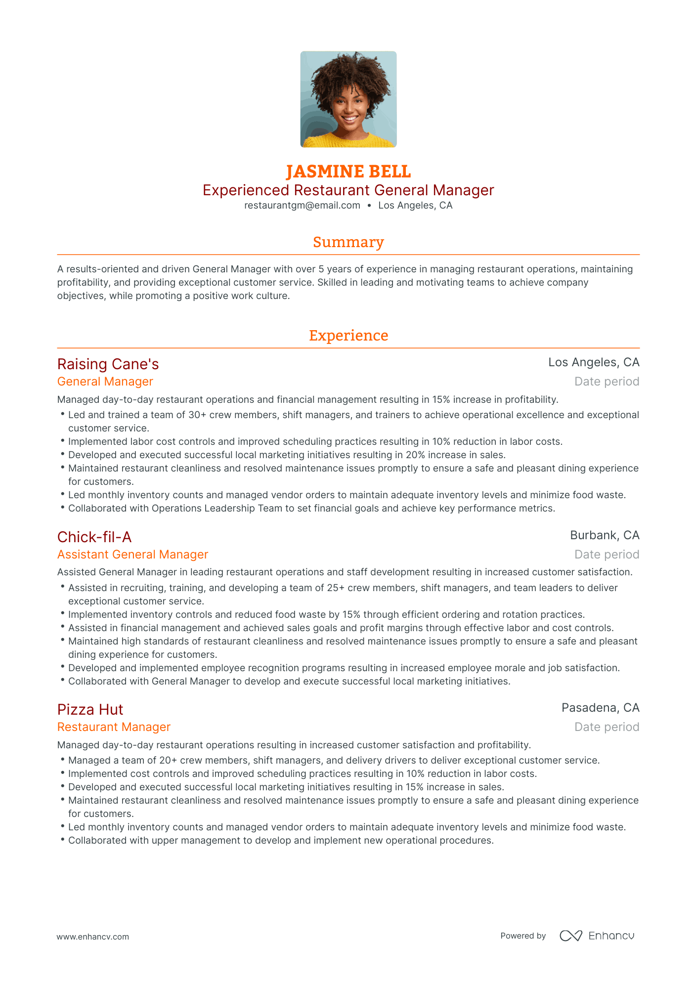 Traditional Restaurant General Manager Resume Template