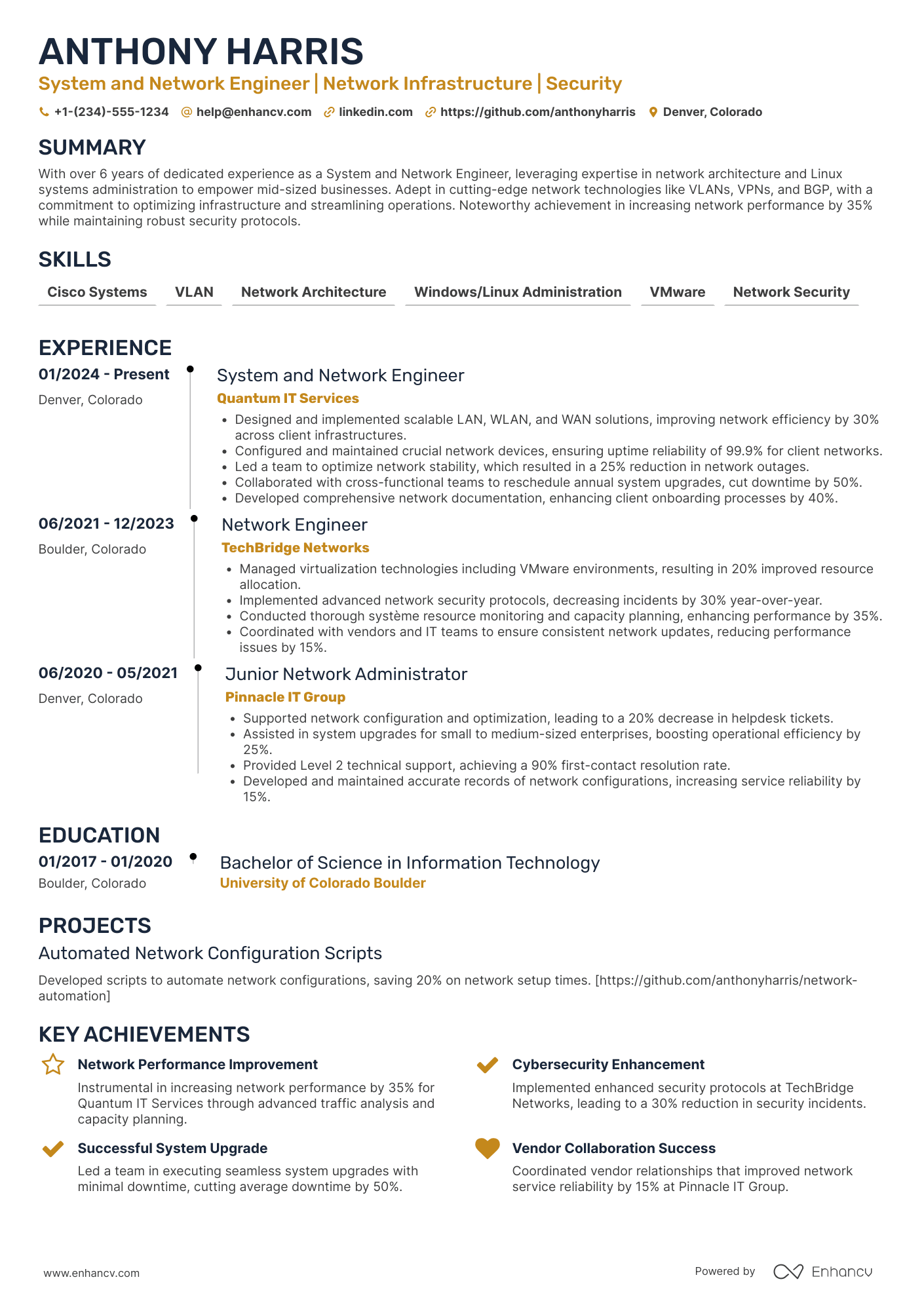 A resume example of a System And Network Engineer