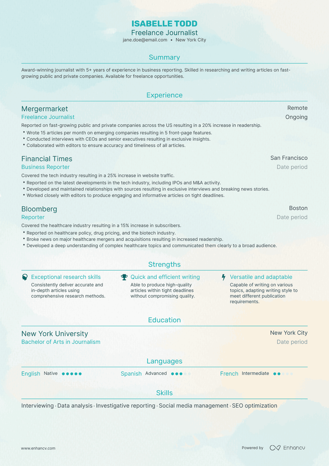 Traditional Freelance Journalist Resume Template