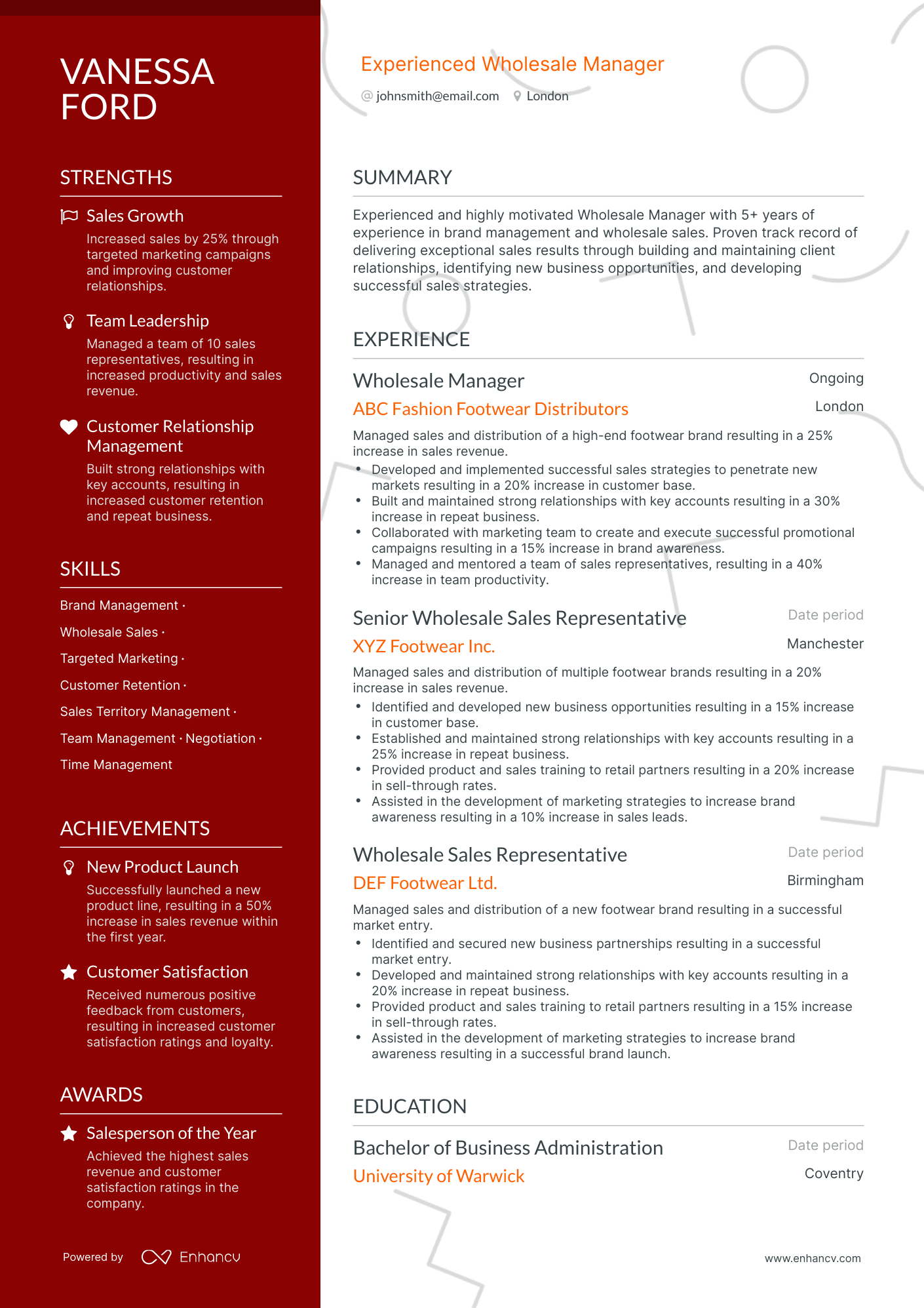 Polished Wholesale Manager Resume Template