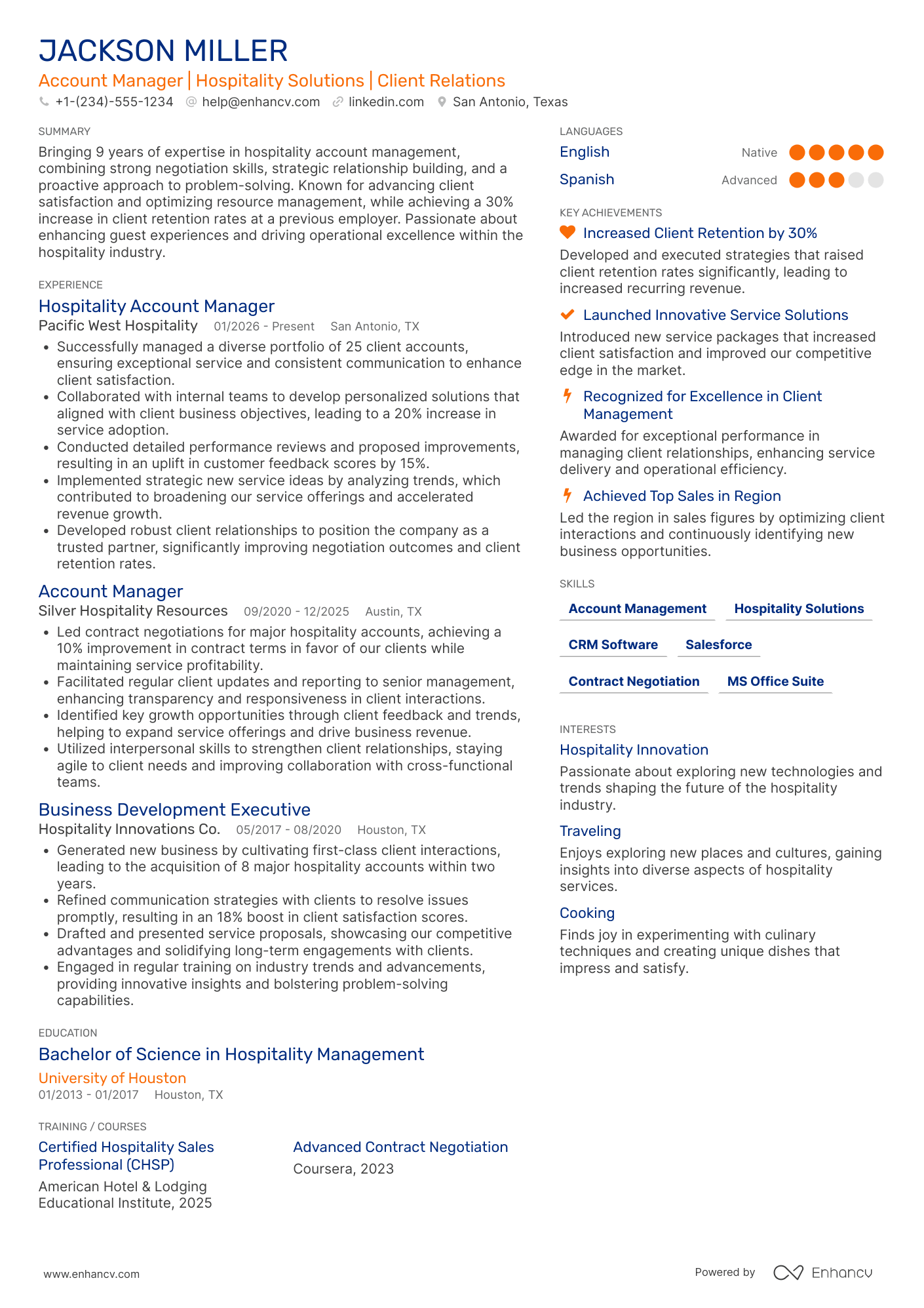 A resume example of a Hospitality Account Manager