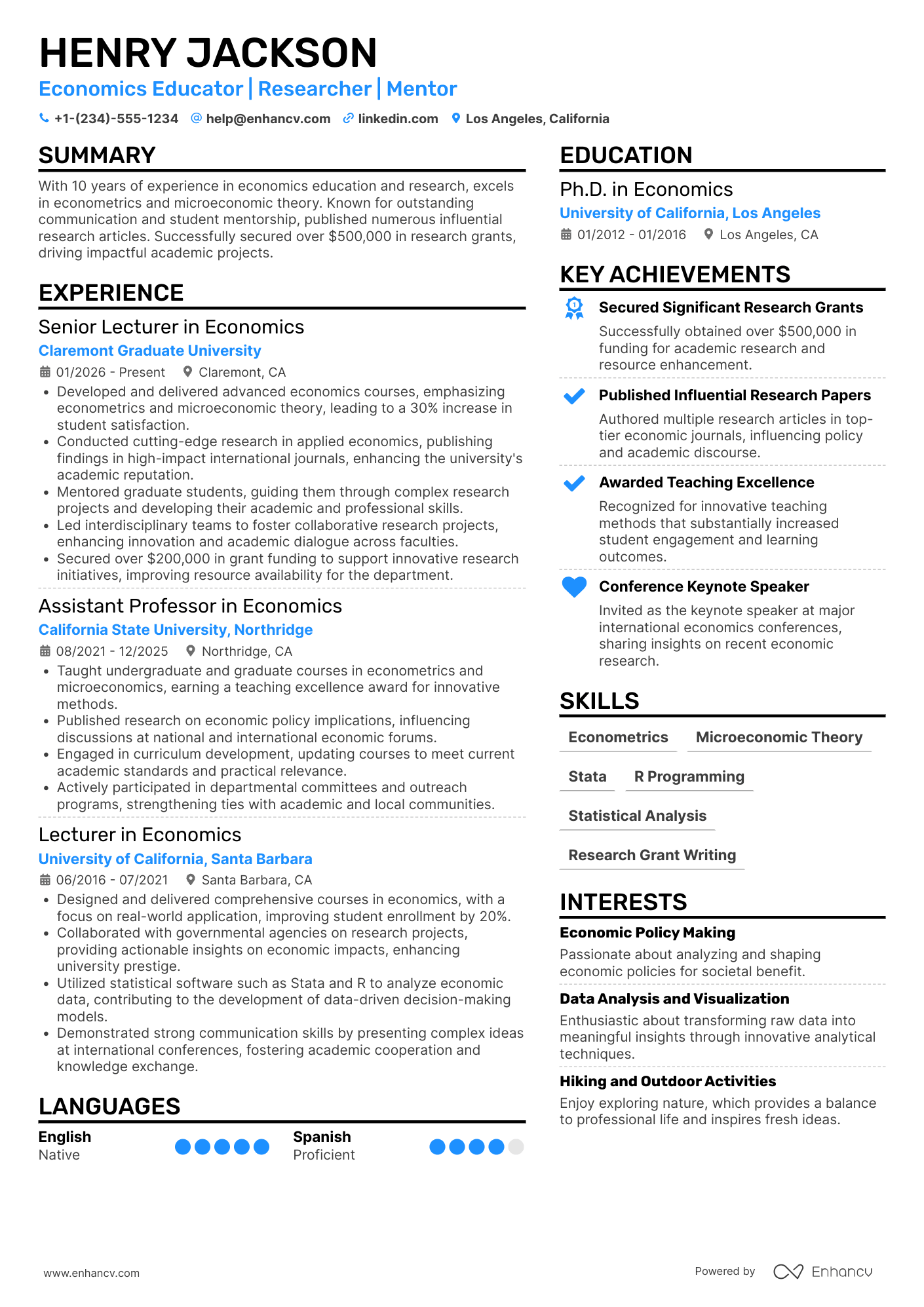 A resume example of a Associate Professor of Economics