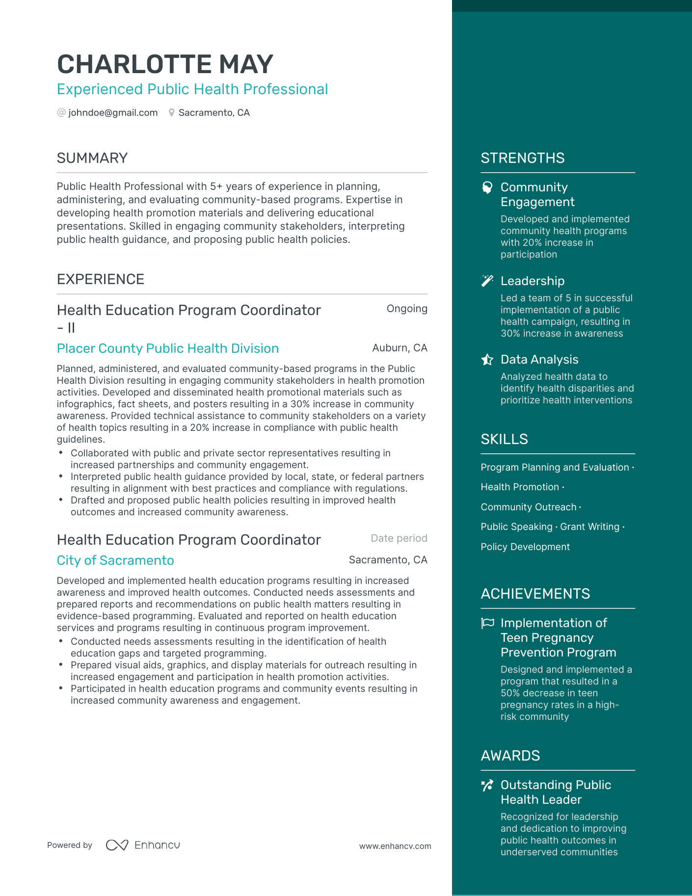 One Page Public Health Resume Template