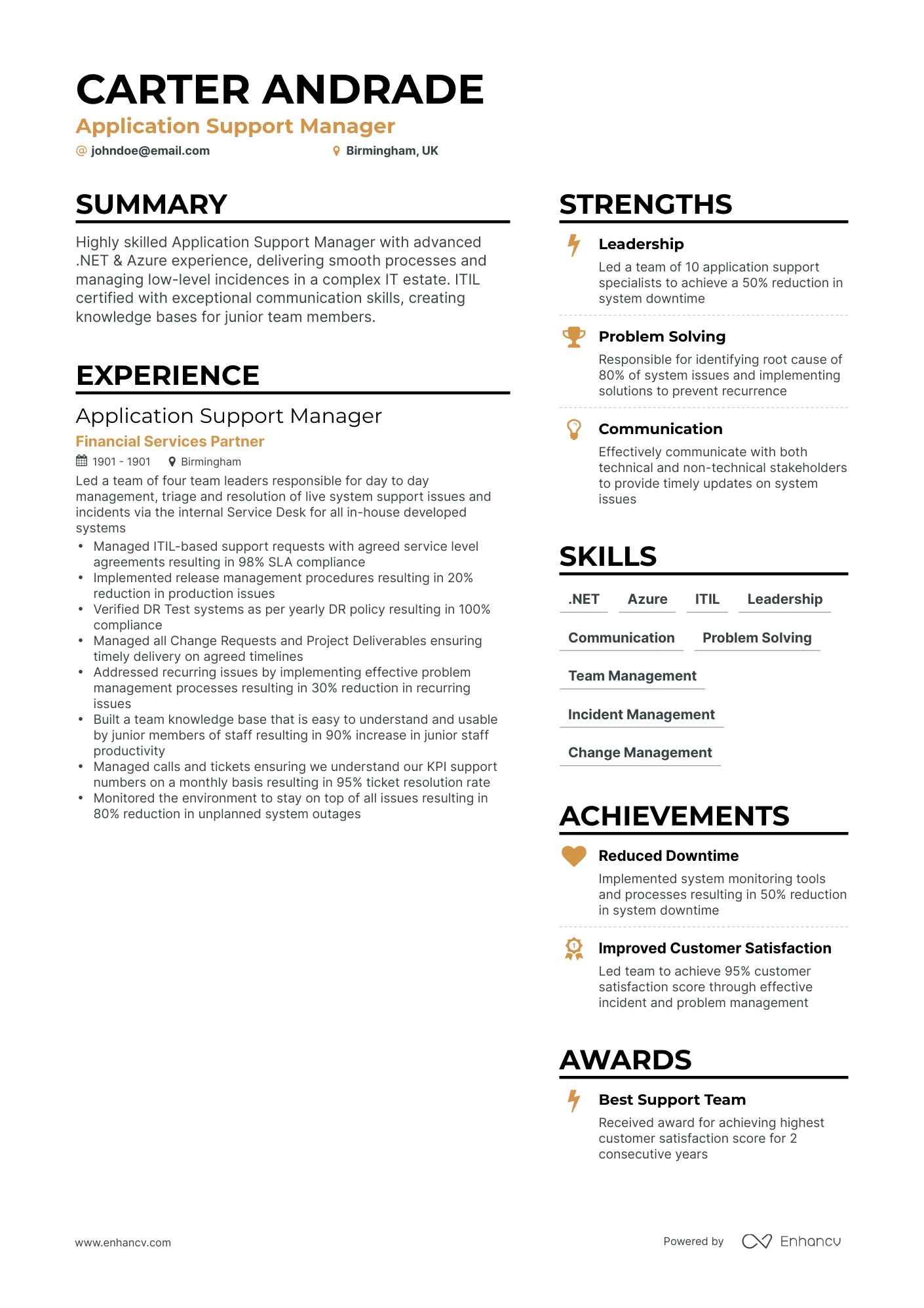 Simple Application Support Manager Resume Template