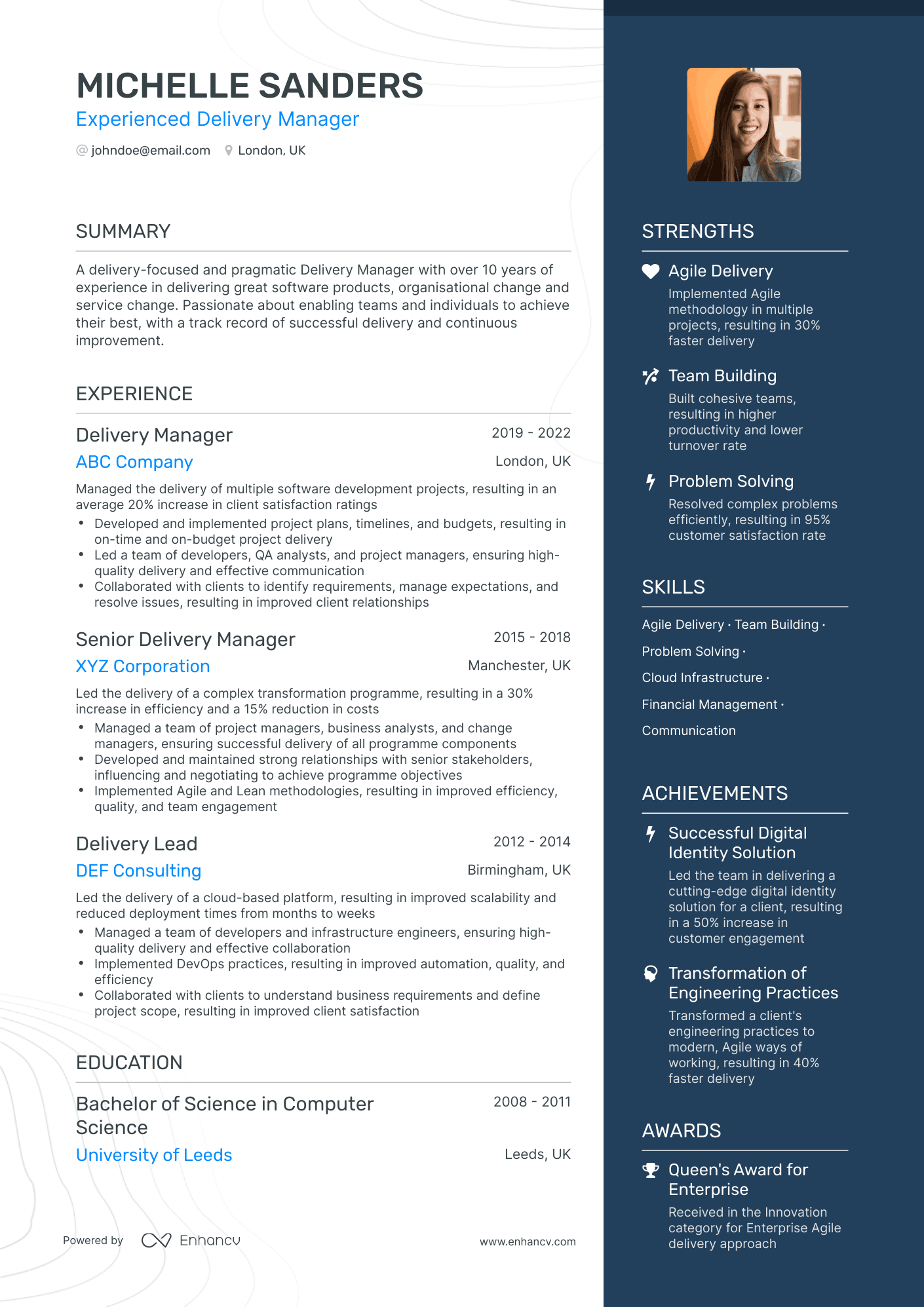 One Page Delivery Manager Resume Template
