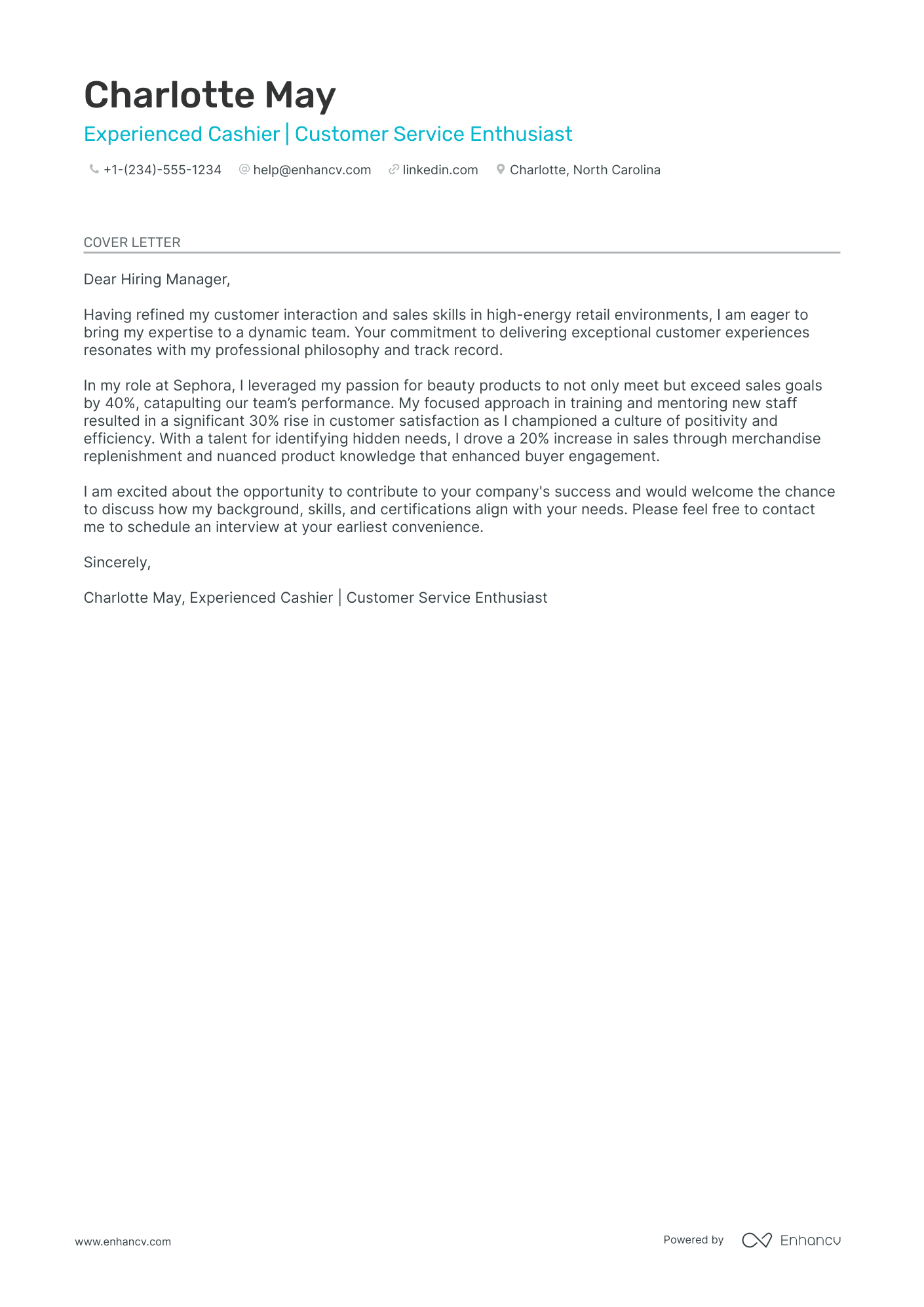 sample cover letter for cashier position with experience