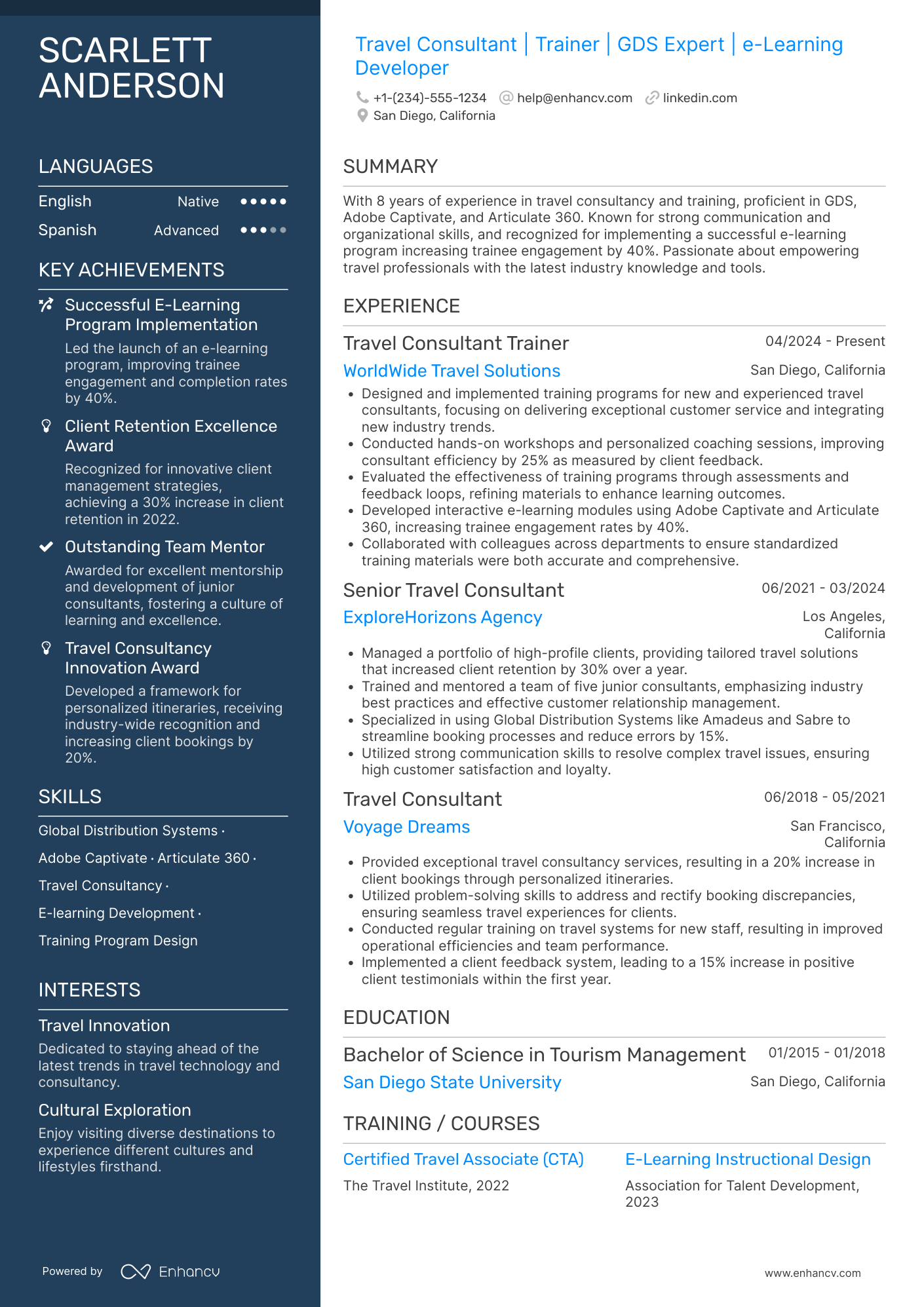 A resume example of a Travel Consultant Trainer