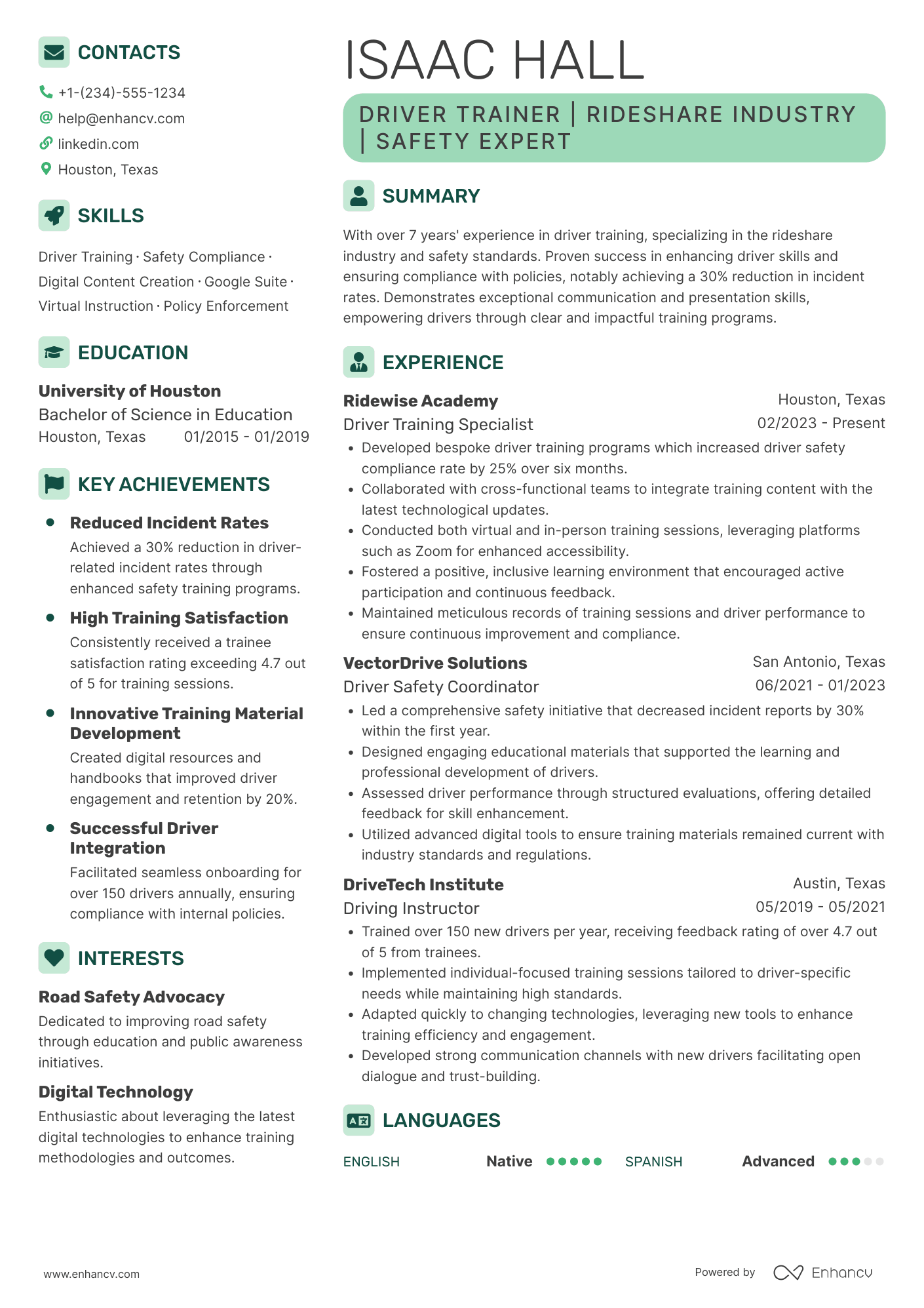 A resume example of a Uber Driver Trainer