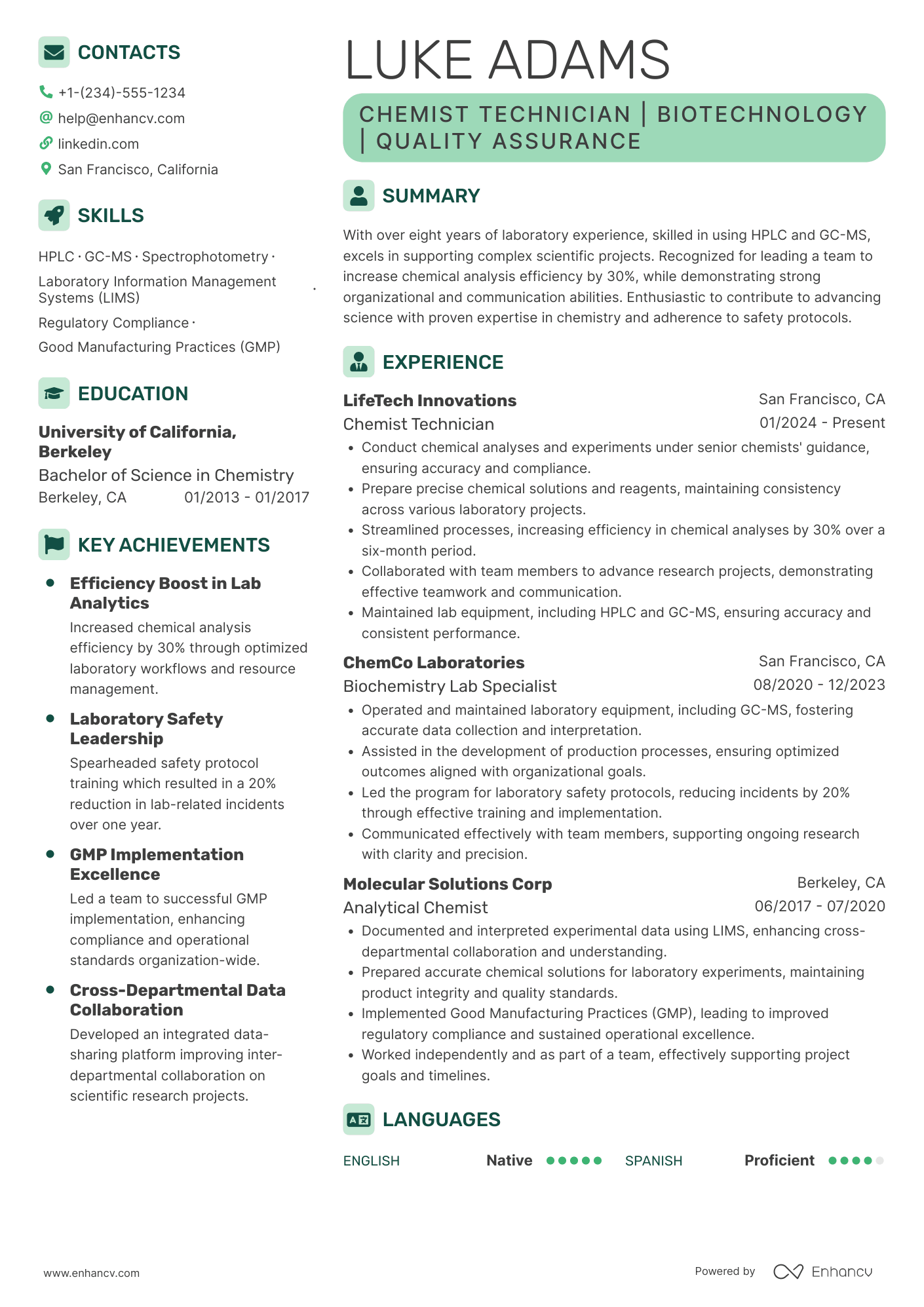 A resume example of a Chemist Technician