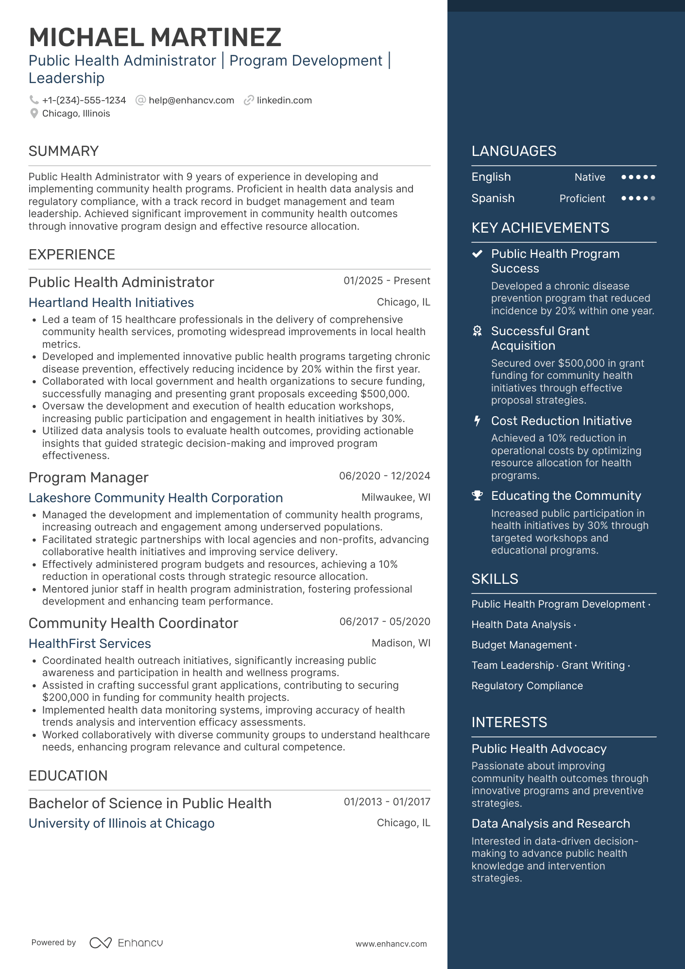 A resume example of a Public Health Administrator