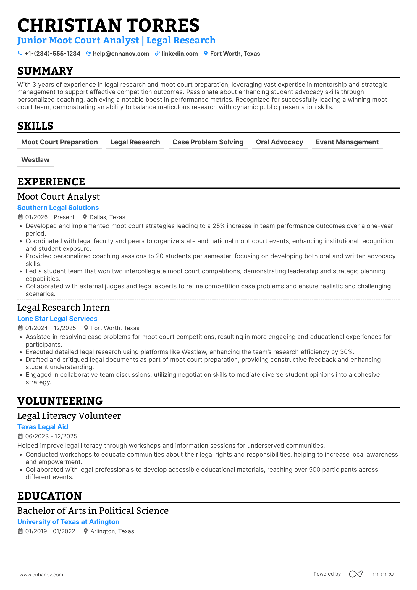 A resume example of a Law School Moot Court Advisor