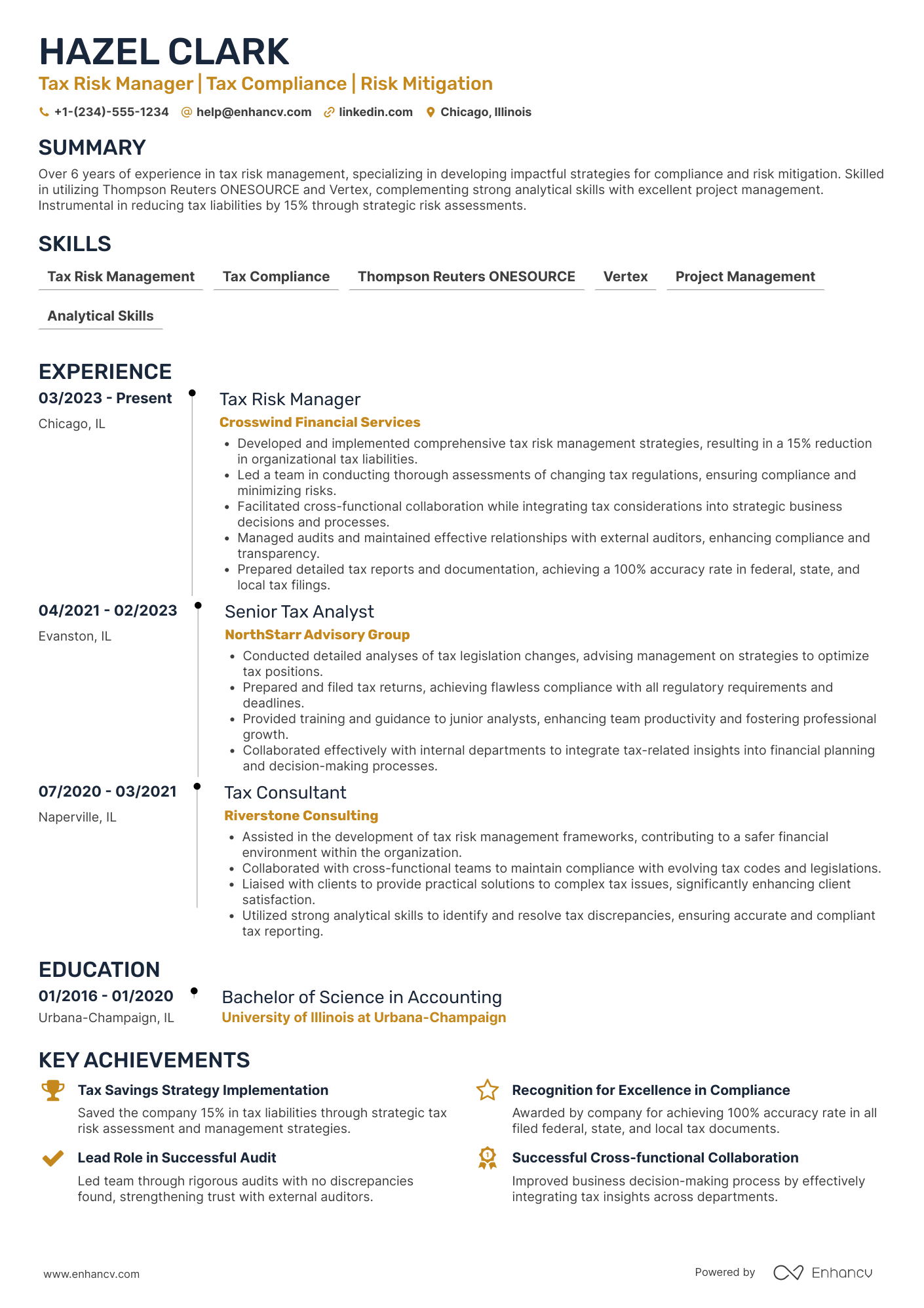 A resume example of a Tax Risk Manager