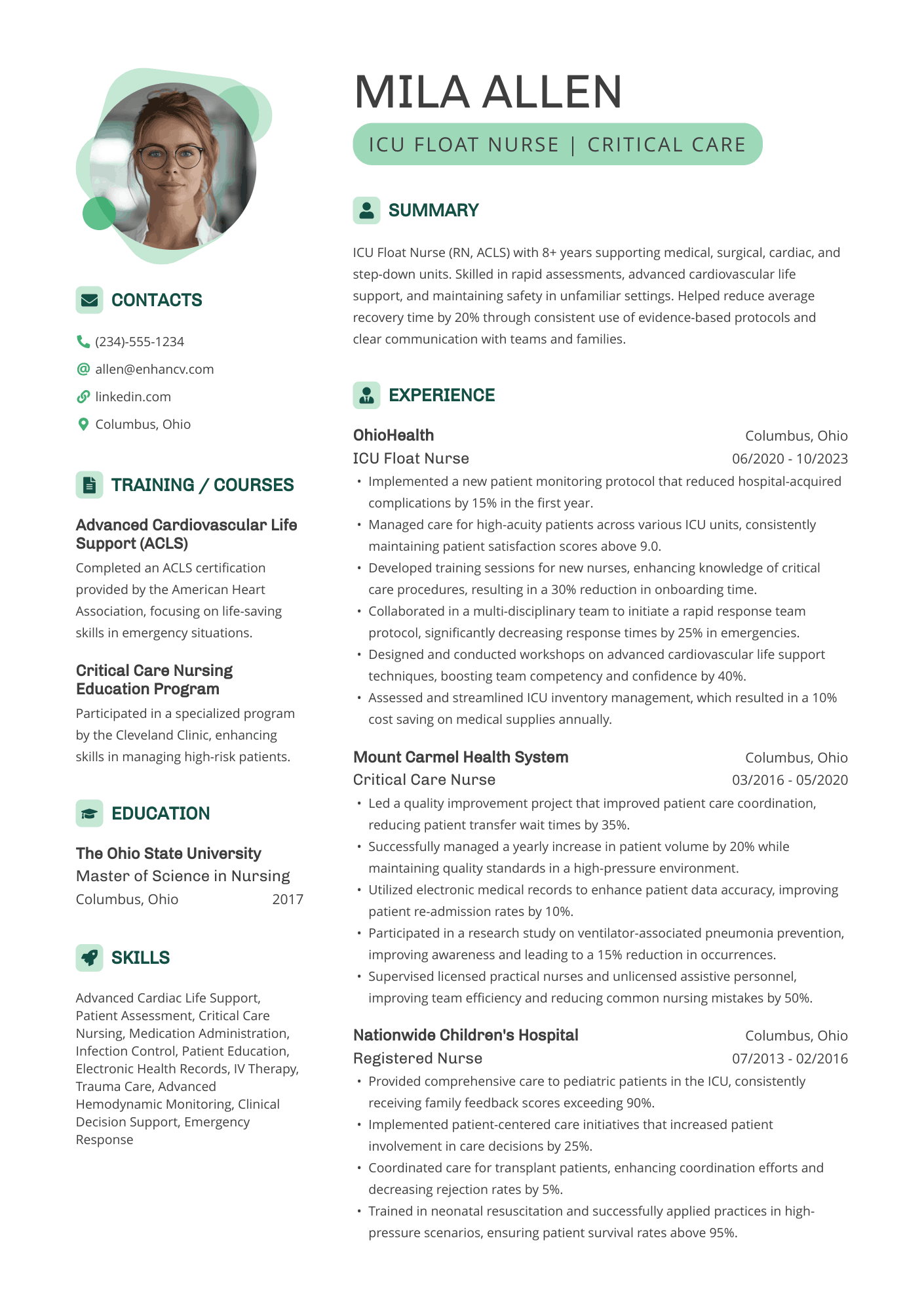 A resume example of a ICU Float Nurse