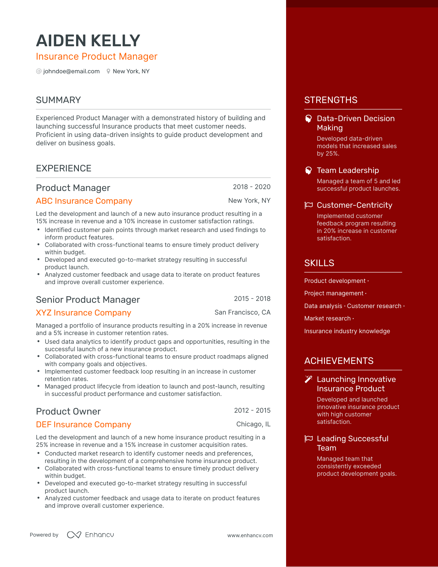 One Page Insurance Product Manager Resume Template