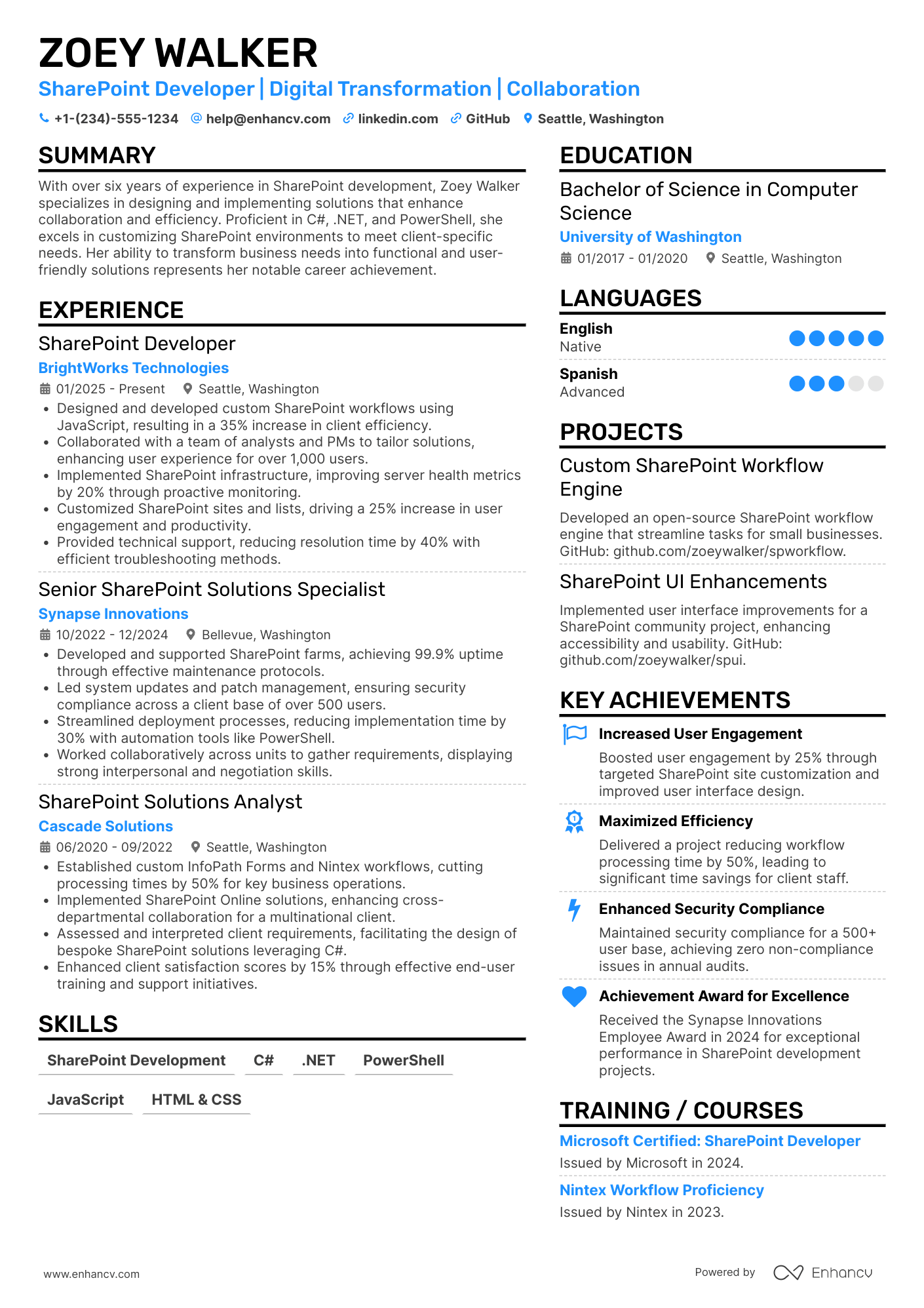 A resume example of a SharePoint Developer