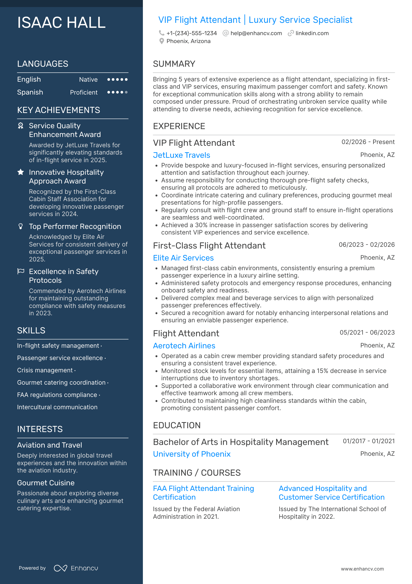 A resume example of a VIP Flight Attendant