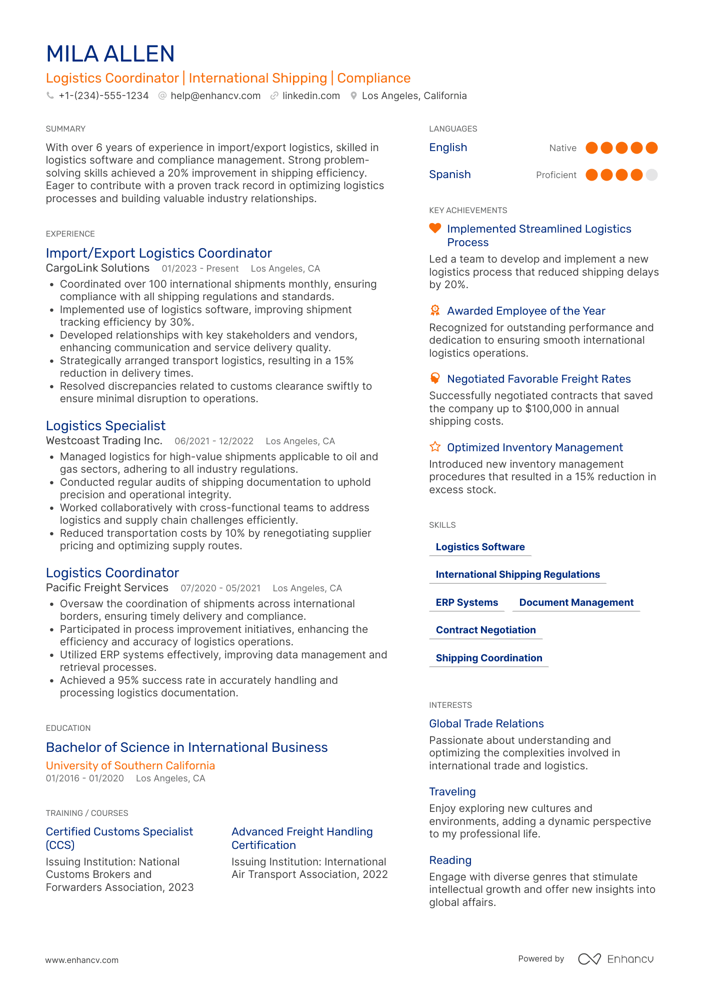 A resume example of a Import/Export Logistics Coordinator