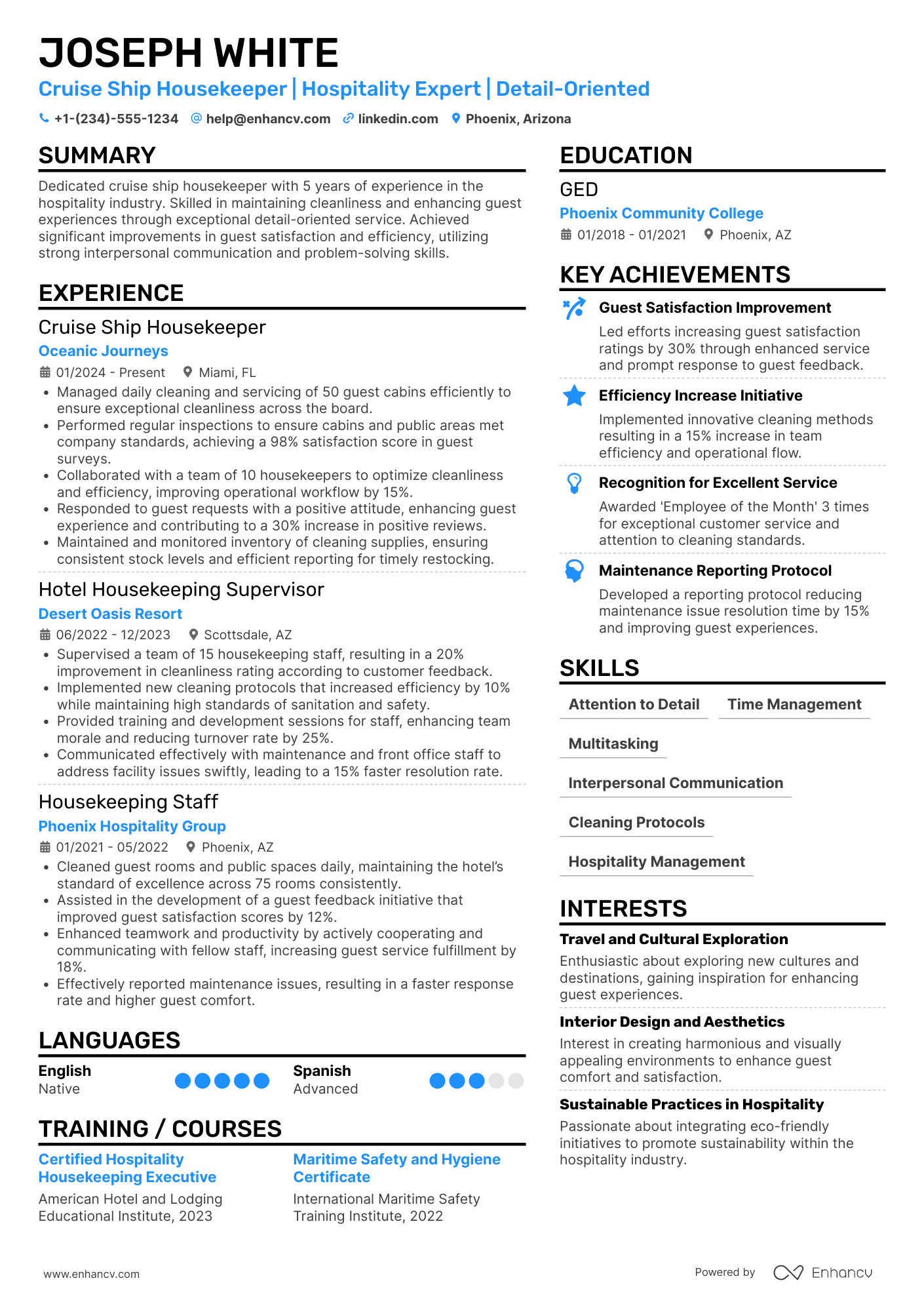 A resume example of a Cruise Ship Housekeeper