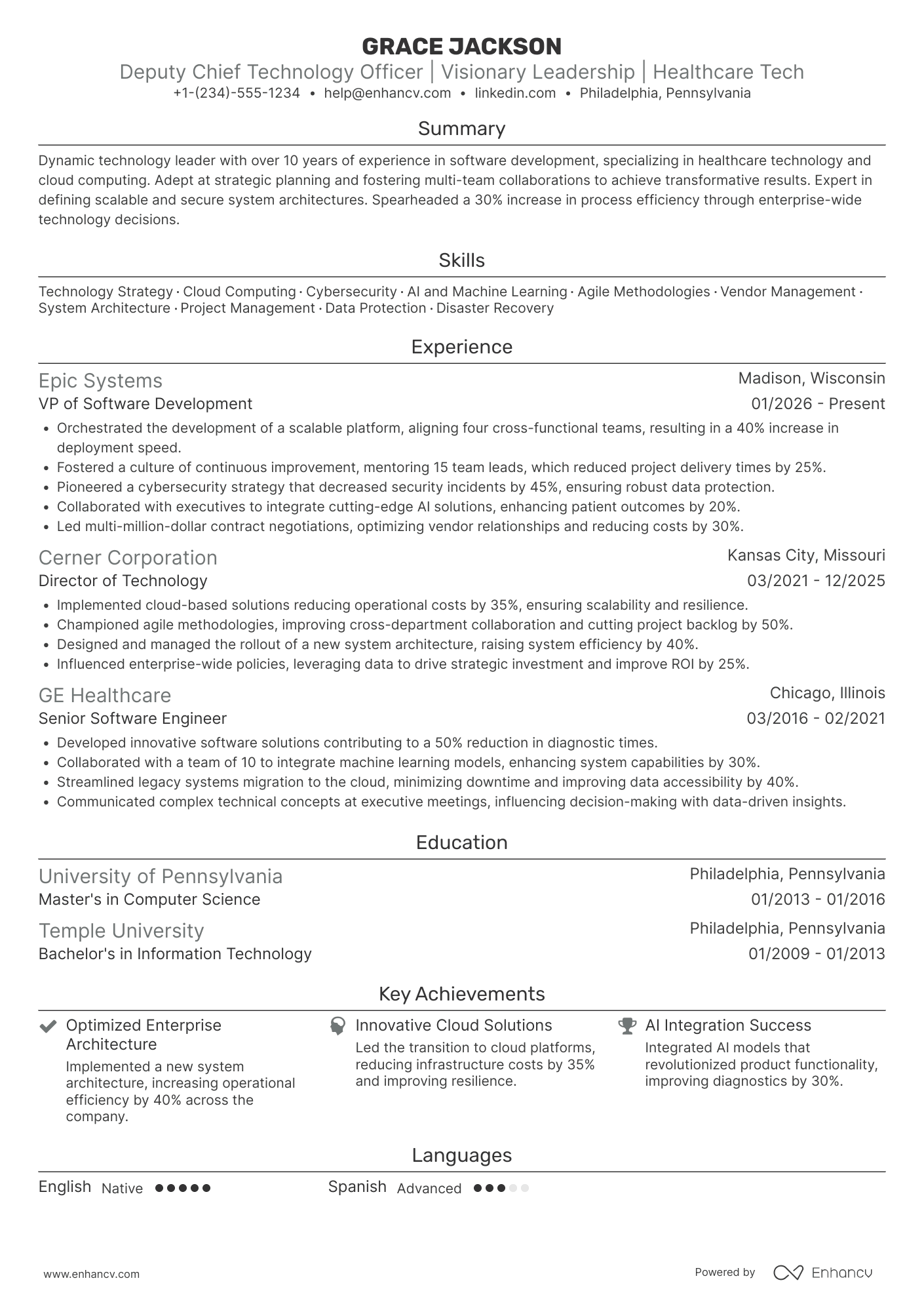 A resume example of a Deputy Chief Technology Officer