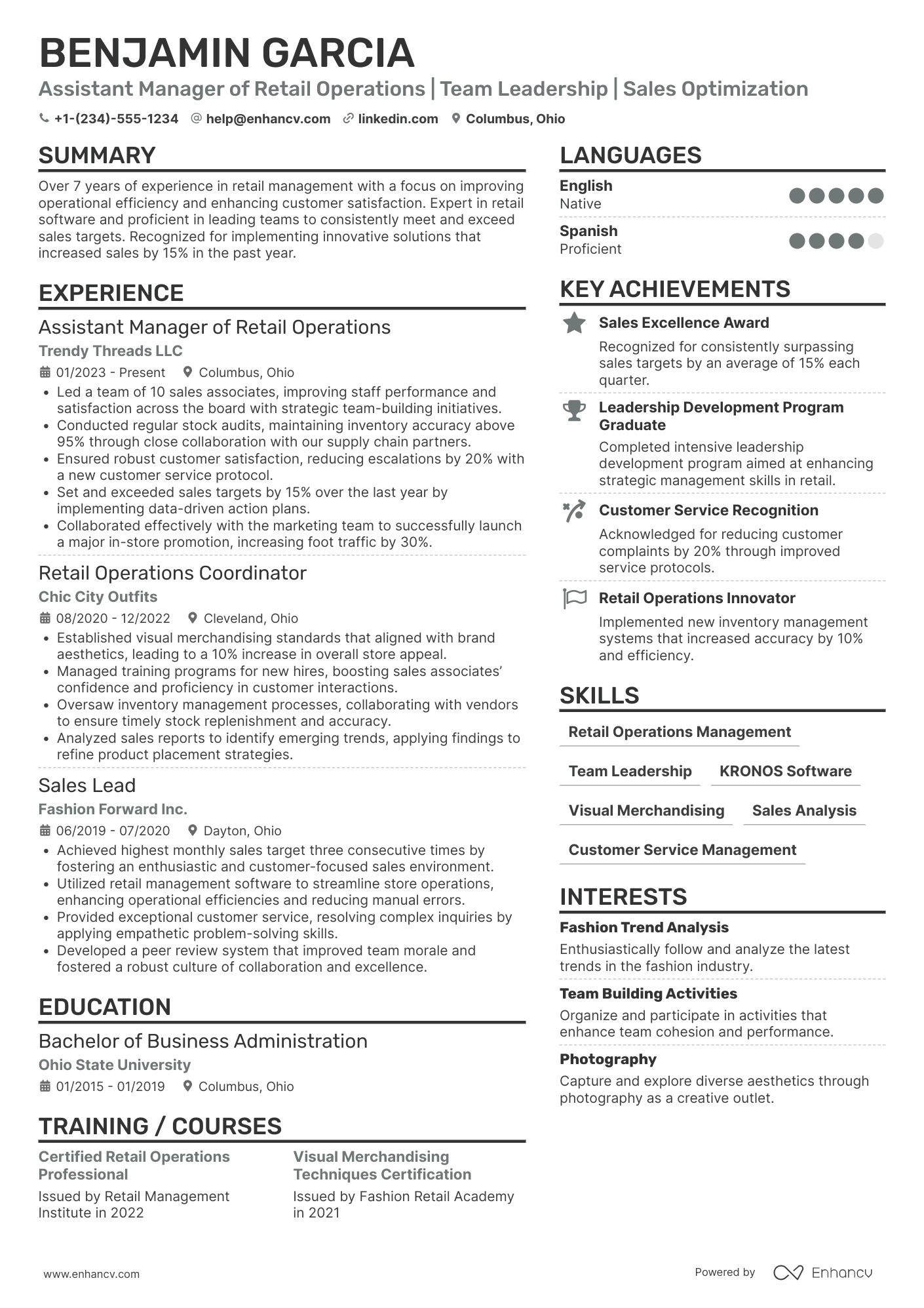 A resume example of a Assistant Manager of Retail Operations