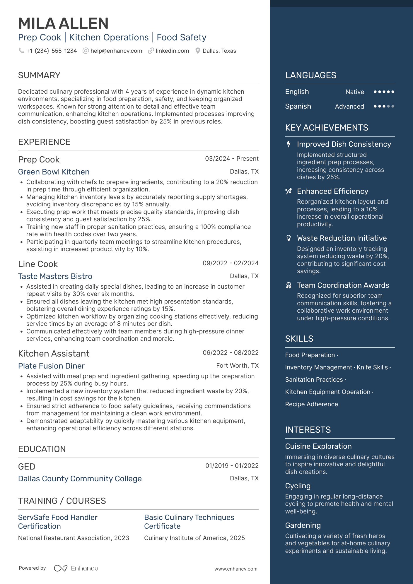 A resume example of a Part Time Prep Cook