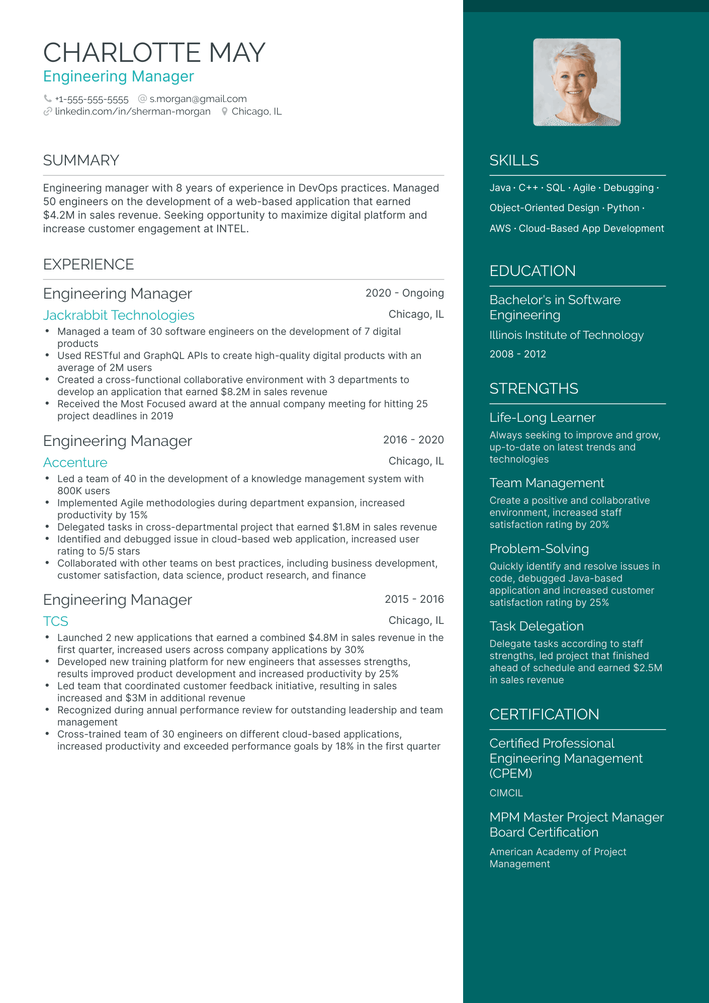 One Page Engineering Manager Resume Template