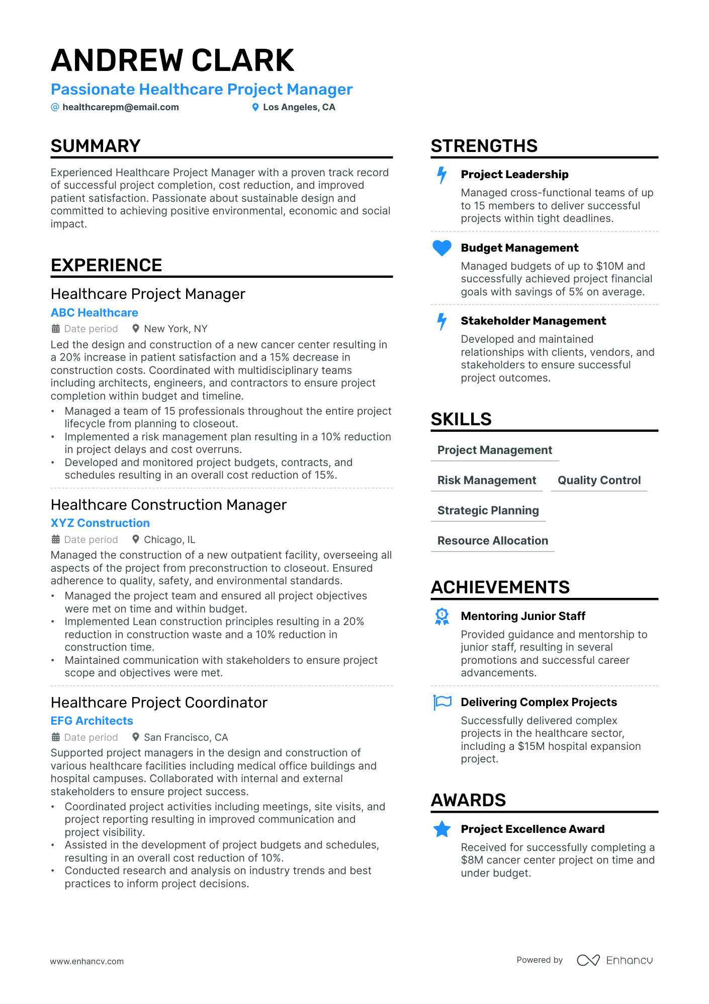 A resume example of a Healthcare Project Manager