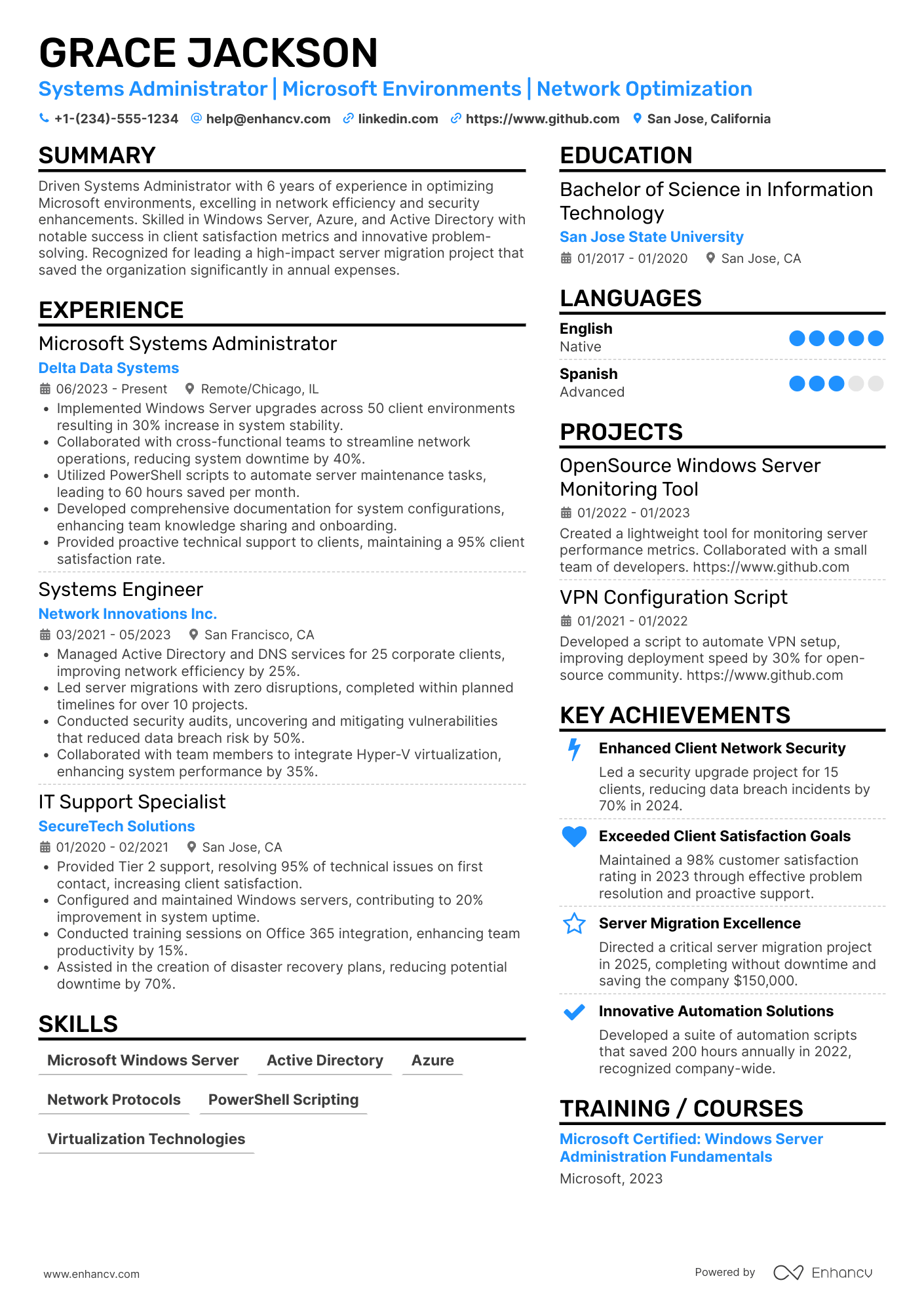 A resume example of a Microsoft Systems Administrator