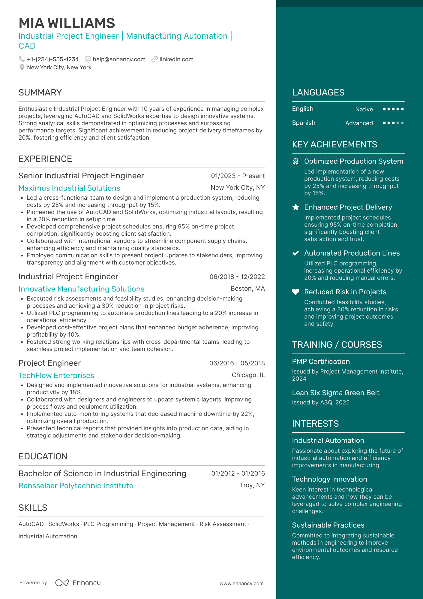 A resume example of a Industrial Project Engineer