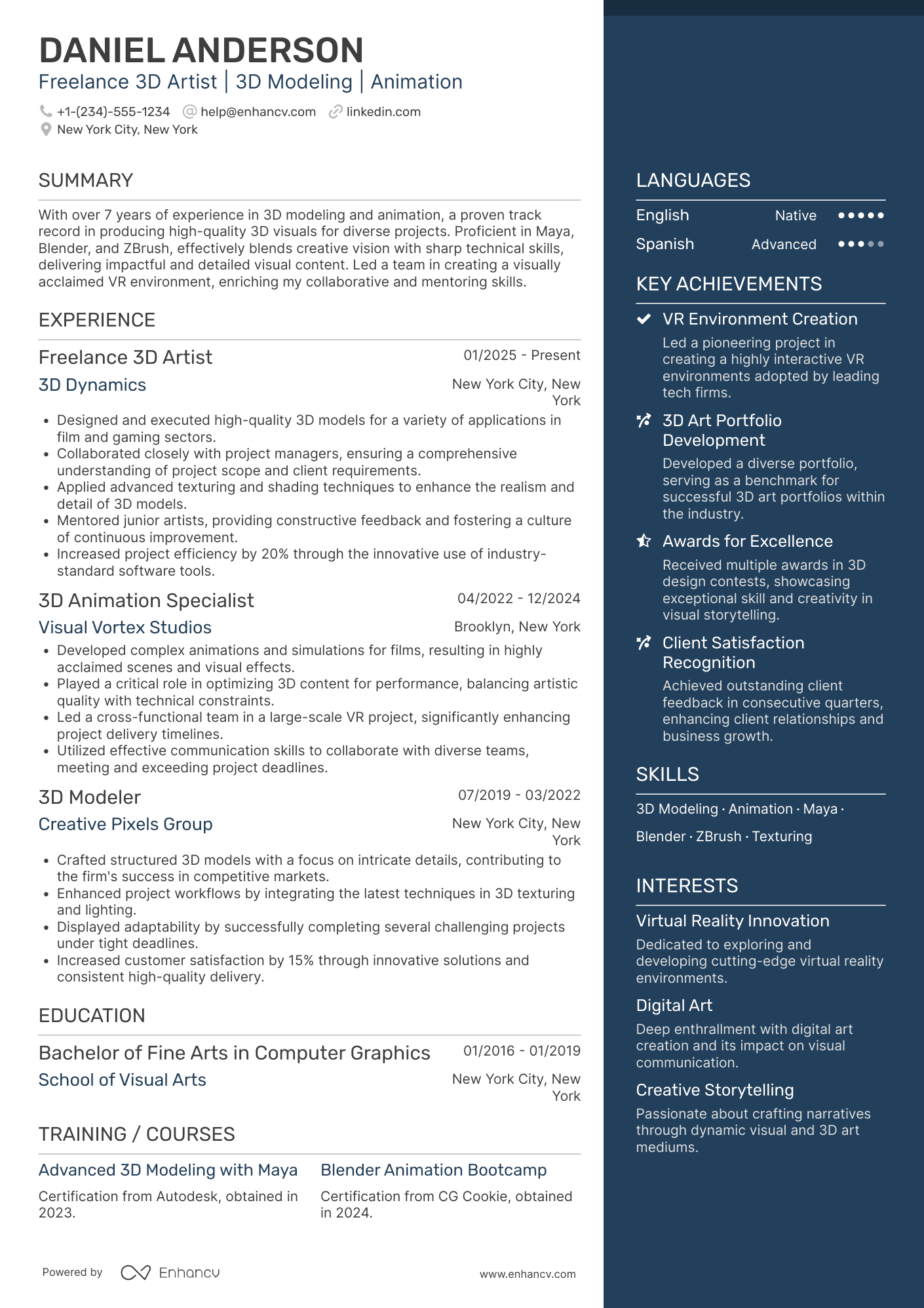 A resume example of a Freelance 3D Artist