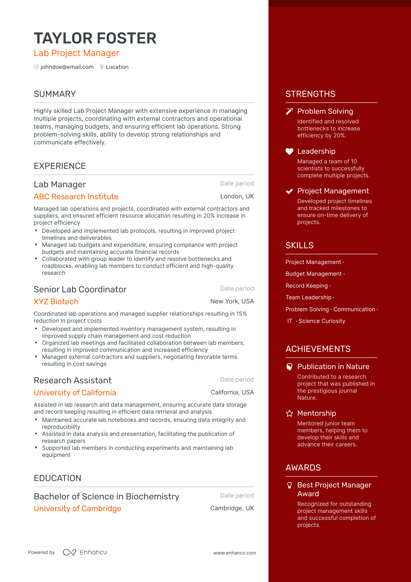 One Page Lab Manager Resume Template