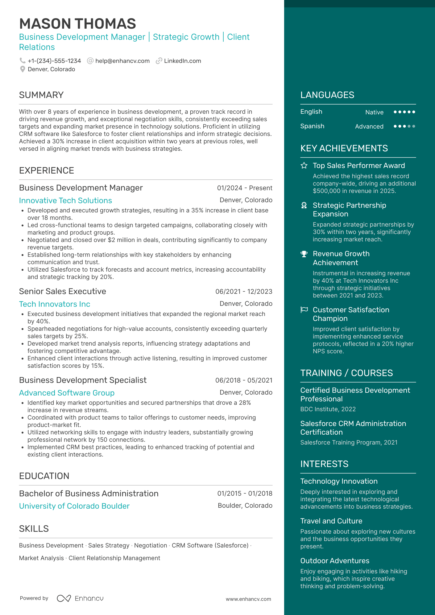 A resume example of a Business Development Manager