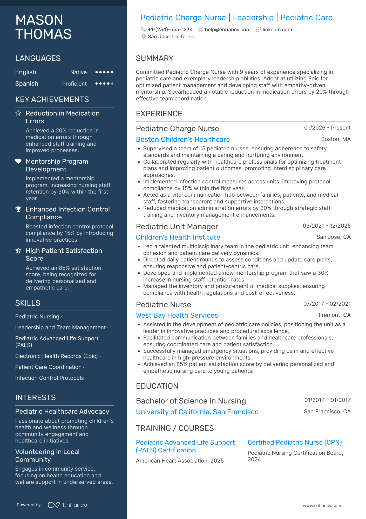 A resume example of a Pediatric Charge Nurse