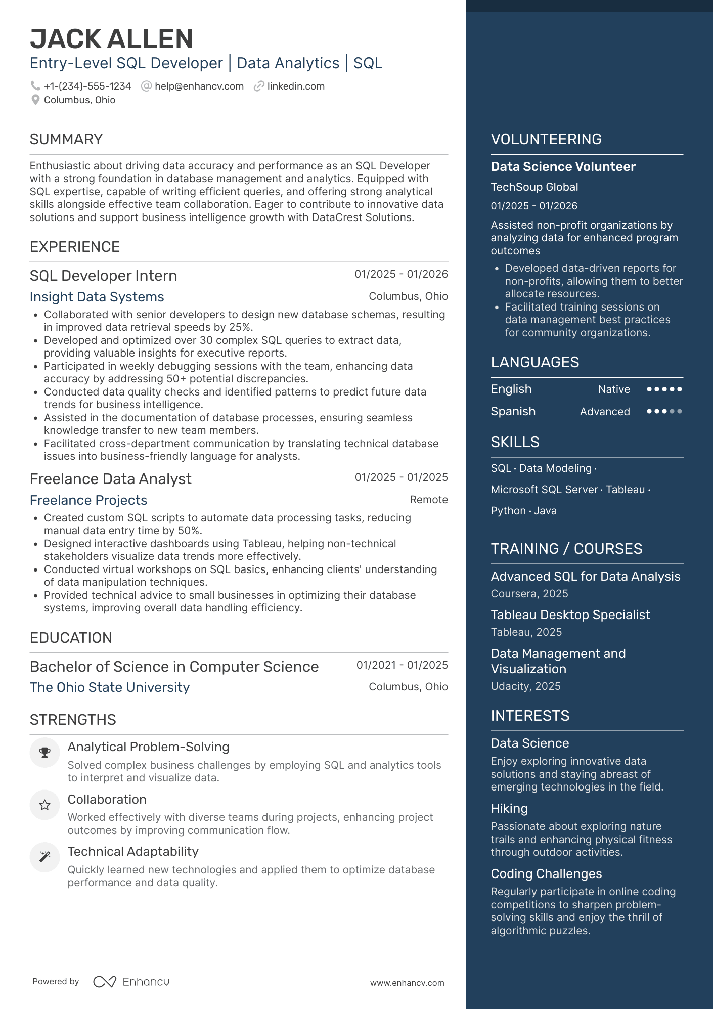 A resume example of a Entry Level SQL Developer