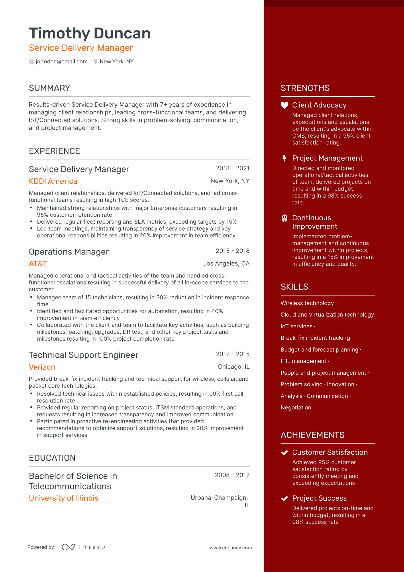 One Page Service Delivery Manager Resume Template