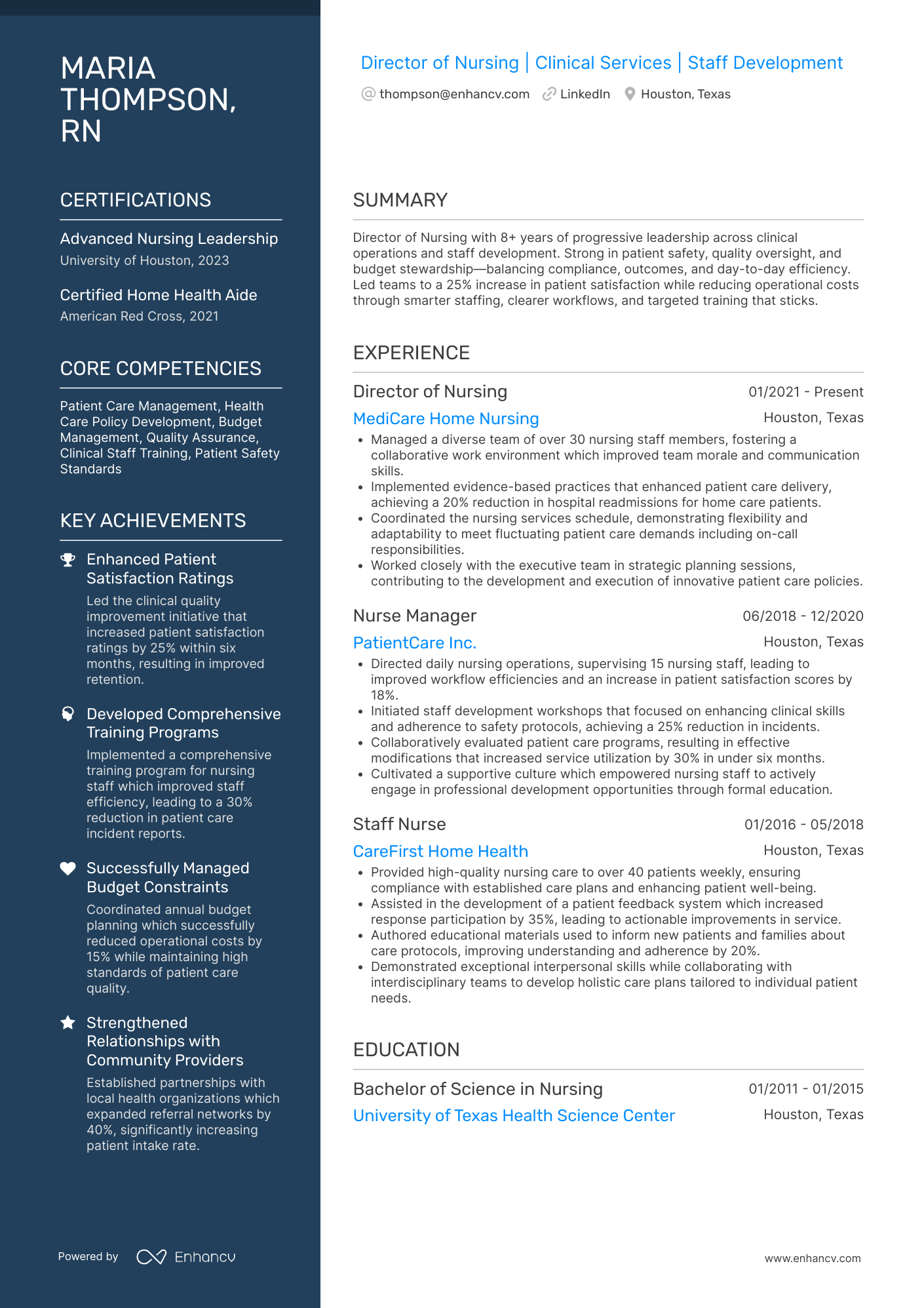 A resume example of a Director of Nursing / Service Line Director
