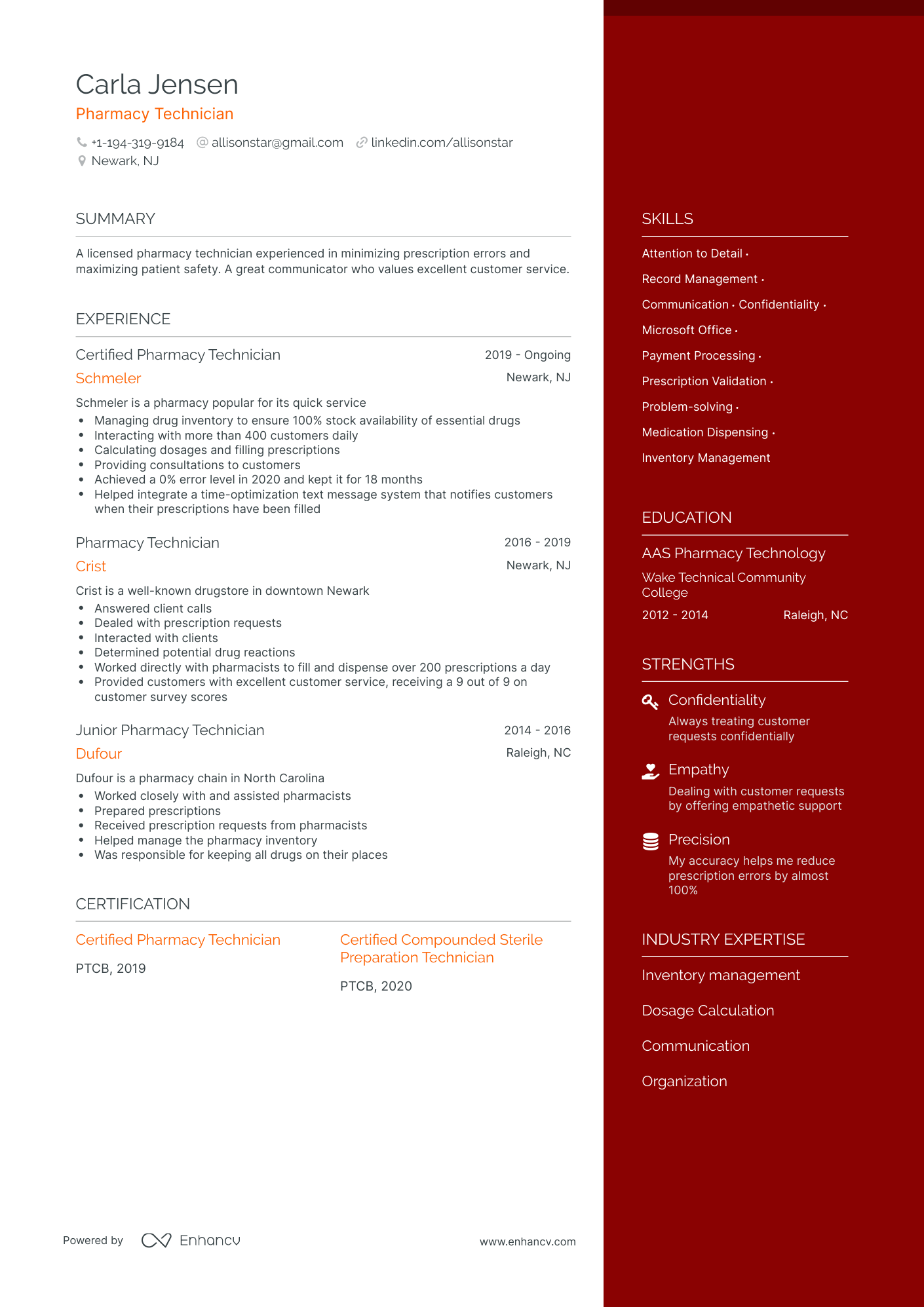 One Page Pharmacy Technician Resume Template