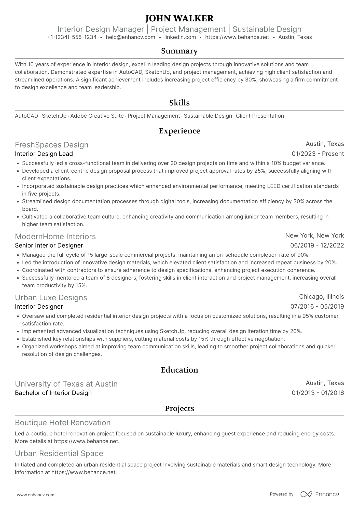 A resume example of a Interior Design Manager