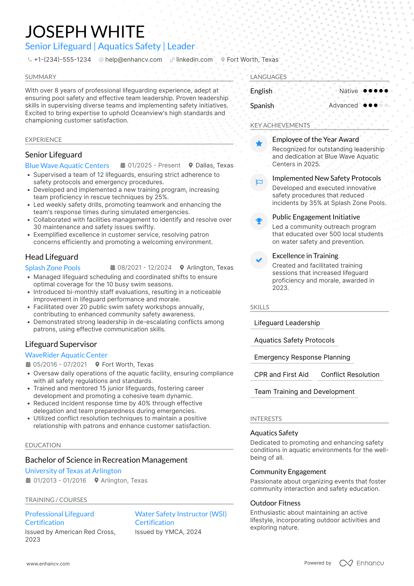 A resume example of a Senior Lifeguard