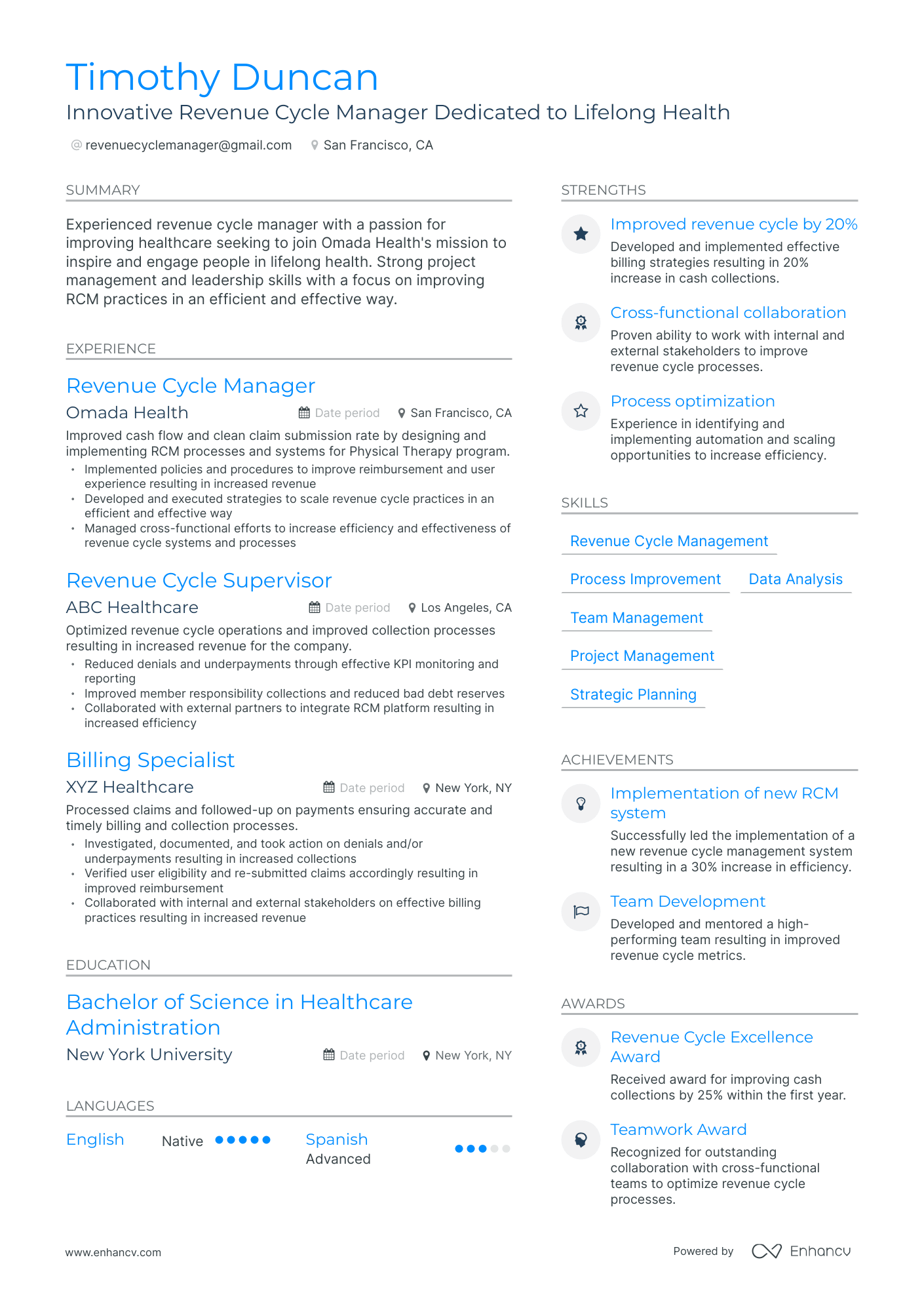 Modern Revenue Cycle Manager Resume Template