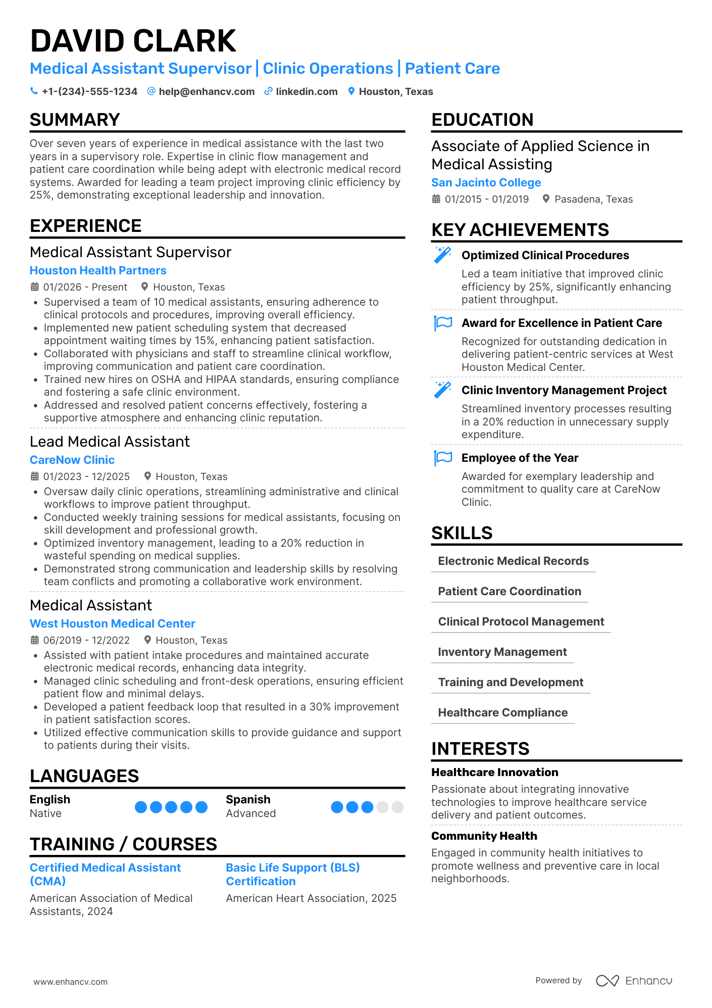 A resume example of a Medical Assistant Supervisor