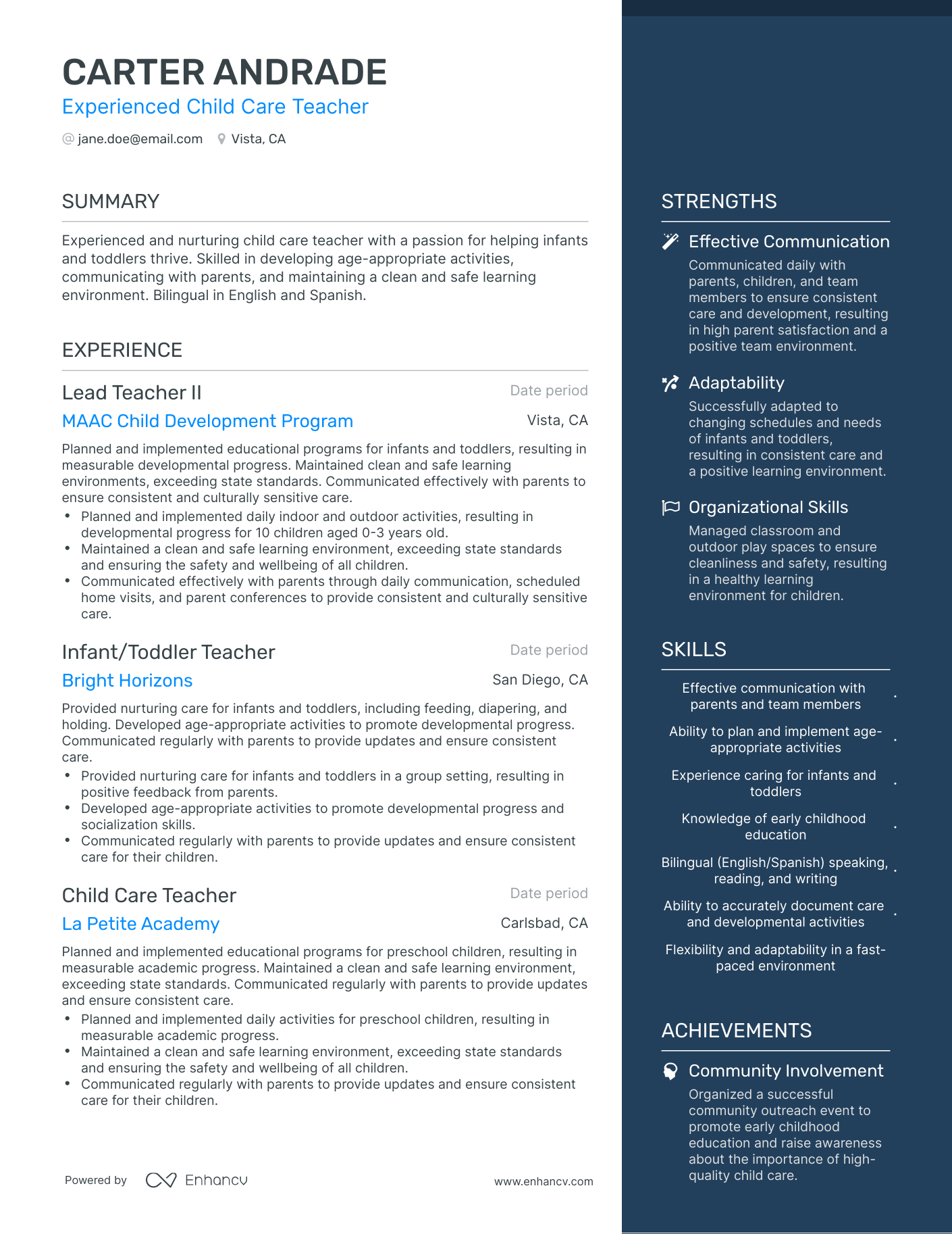 One Page Child Care Teacher Resume Template