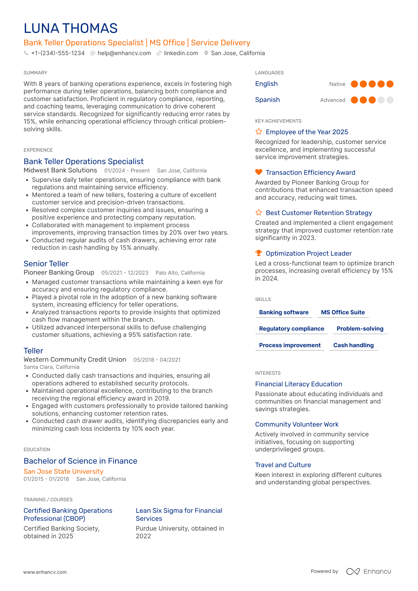 A resume example of a Bank Teller Operations Specialist