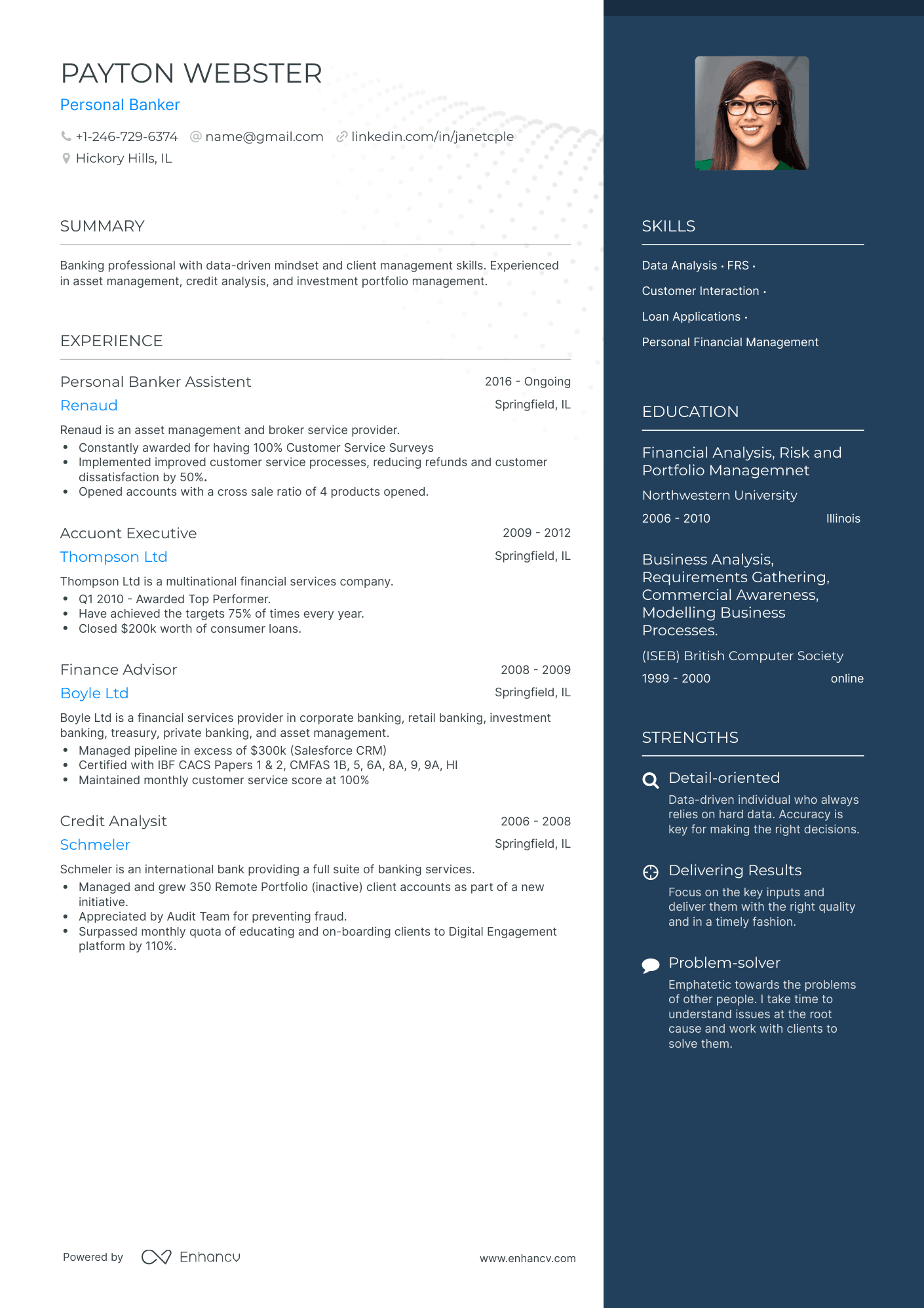 One Page Personal Banker Resume Template
